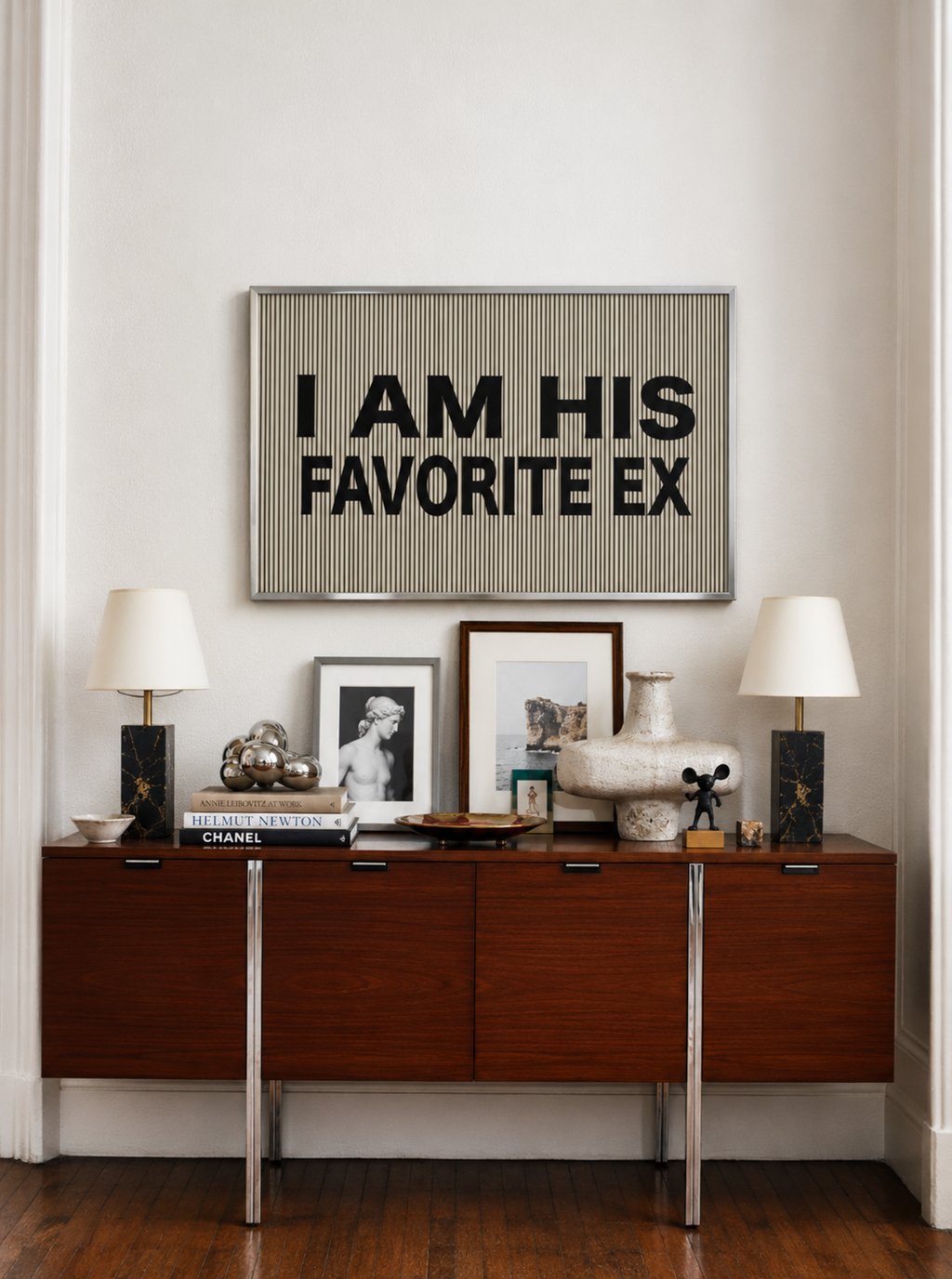 hand drawn Playful Funny typography print with the phrase "I AM HIS FAVOURITE EX" in a retro striped neutral canva. This is a trendy funny typography wall art print ideal for above bed, bedrooms, dorm room decor, living rooms and kitchens, gallery walls and playful interiors. The perfect Cool Girl Apartment decor