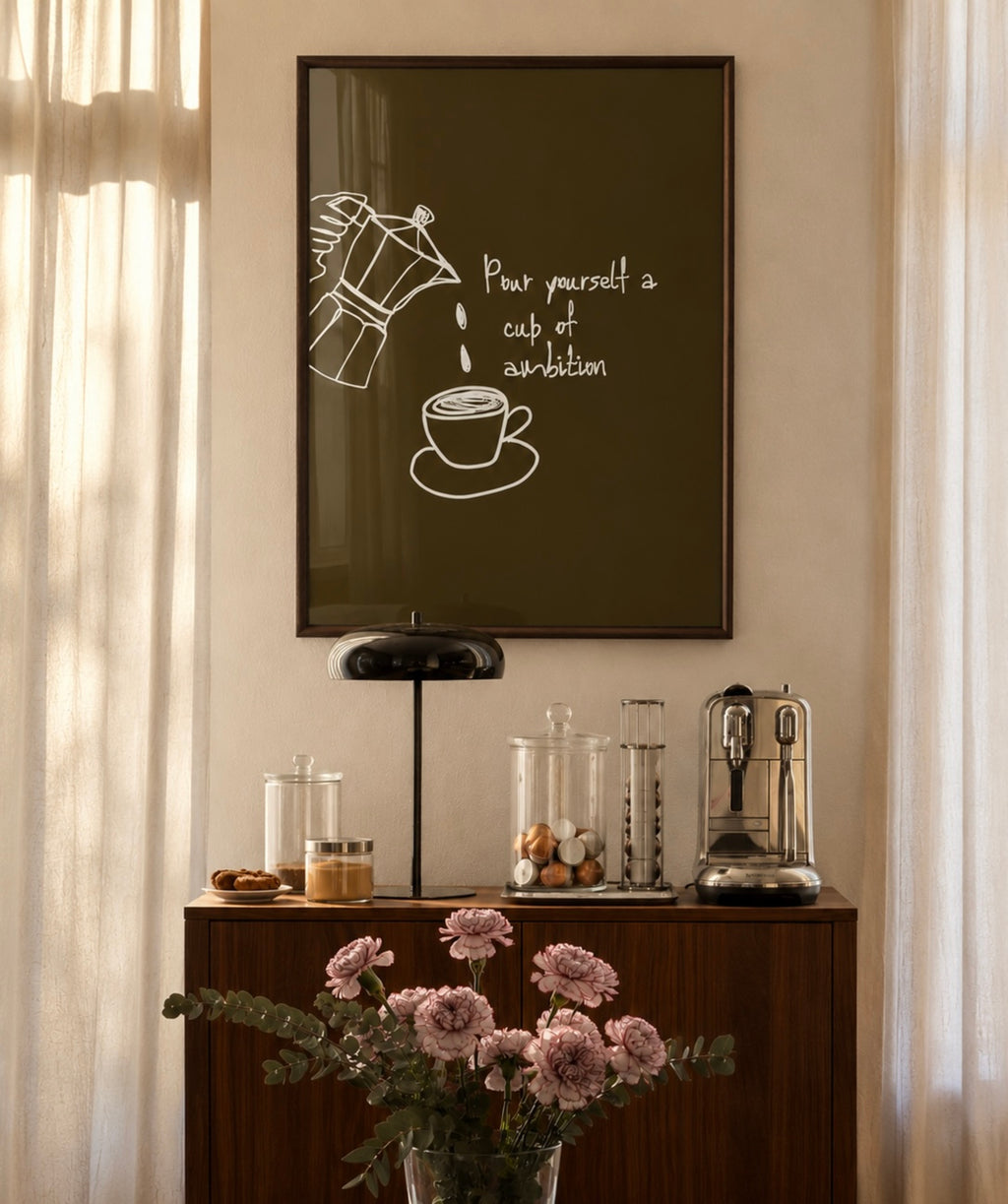 POUR YOURSELF A CUP OF AMBITION  is a humorous minimal typography wall art print, with two hand-drawn coffee cup illustration and playful whimsical handwritten lettering, adding charm, humour and effortless character to kitchens, breakfast nooks, dining spaces, coffee stations and tea corners, a conversation piece Inspired by café culture, slow mornings, blending contemporary minimalism with playful illustration