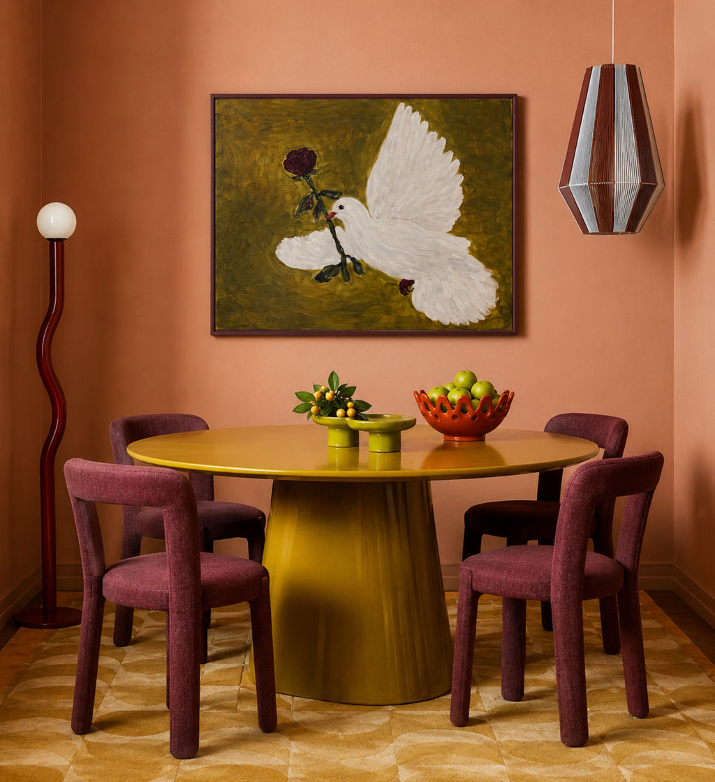messenger of love is a hand painted contemporary figurative wall art print featuring a white dove carrying a red rose on a khaki green background, inspired by contemporary figurative painting, romantic symbolism, classical painting, exploring the themes of love and hope. Horizontal large textured canva oil painting wall art print