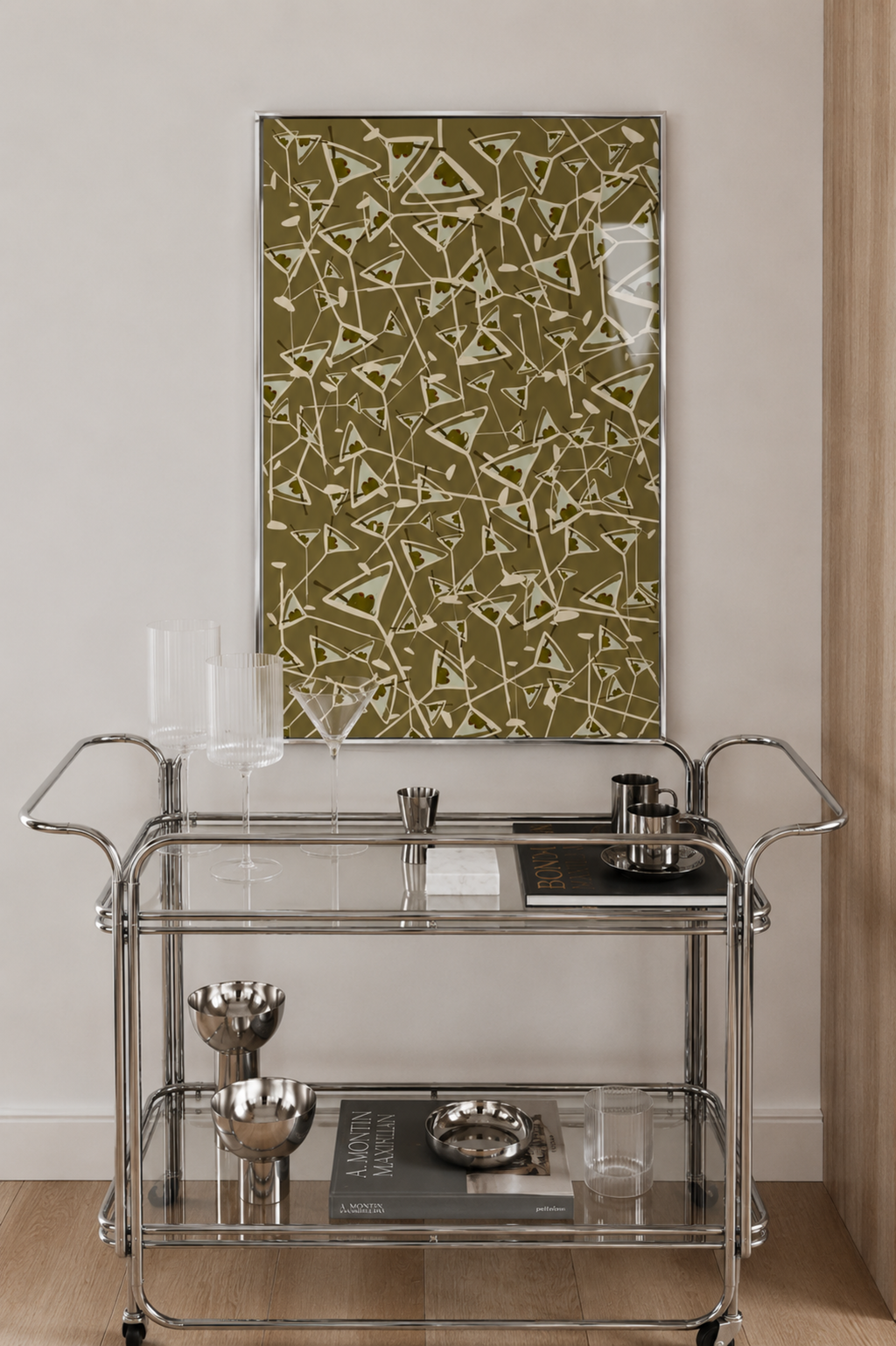 Olive Martini abstract geometric pattern Kitchen wall art with hand drawn cocktail illustrations on a blue and ruby background, inspired by Mediterranean aperitivo culture. This is a hand drawn cocktail Oil Painting kitchen and bar cart art Print decor for playful kitchens, dining spaces and eclectic interiors.