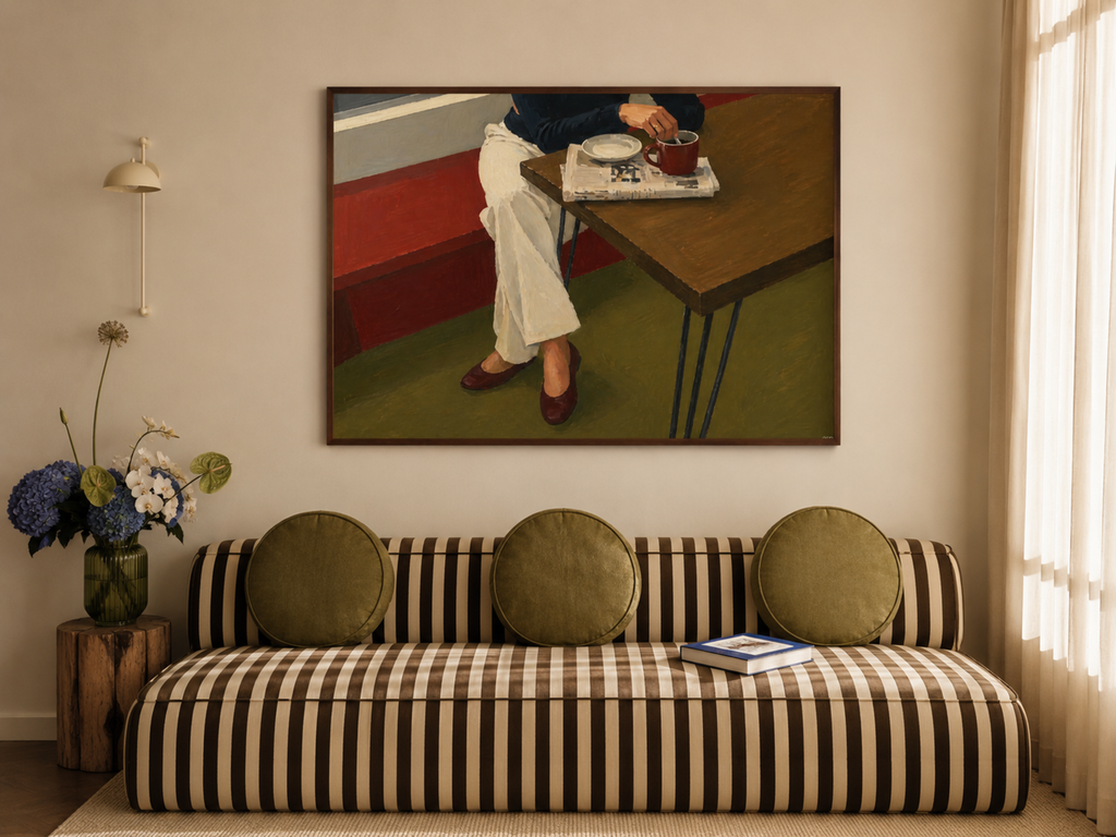 The reading hour is a hand painted Contemporary and figurative wall art print featuring a seated figure, coffee and newspaper, inspired by nostalgic mid century European cafe aesthetics, against a khaki and brown background with expressive painterly texture. Minimalist Mid century modern oil painting in cinematic nostalgia composition.