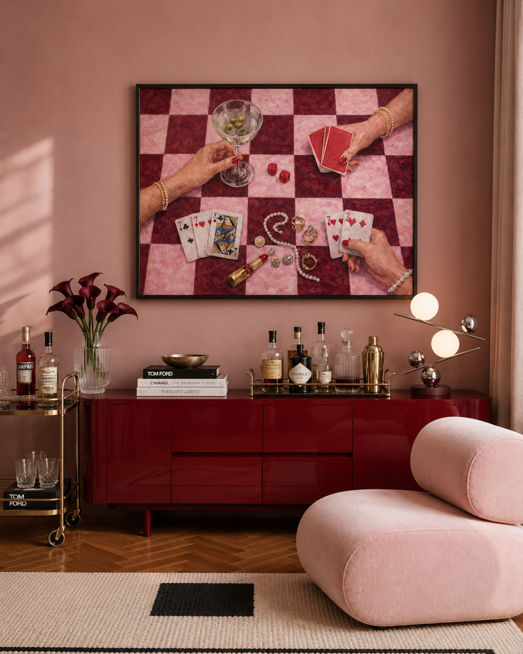 House always wins is a hand painted wall art print featuring a still life table with hands playing card games, in checkerboard pink and burgundy tones, inspired by Poker Night Casino aesthetic, Martinis and feminine rituals, celebrating poker, pearls and playful luxury. Horizontal poker night casino still life table oil painting wall art print