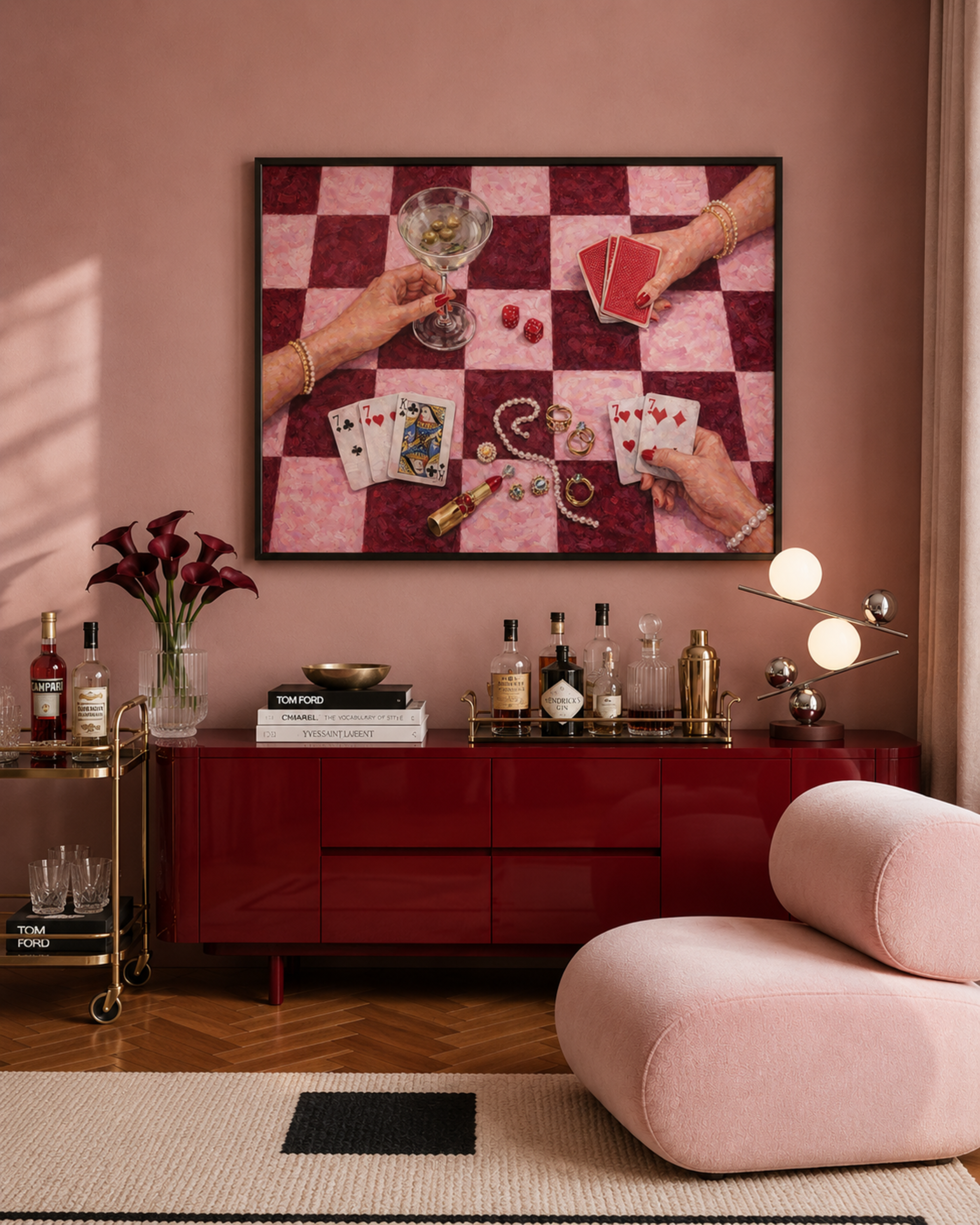 House always wins is a hand painted wall art print featuring a still life table with hands playing card games, in checkerboard pink and burgundy tones, inspired by Poker Night Casino aesthetic, Martinis and feminine rituals, celebrating poker, pearls and playful luxury. Horizontal poker night casino still life table oil painting wall art print