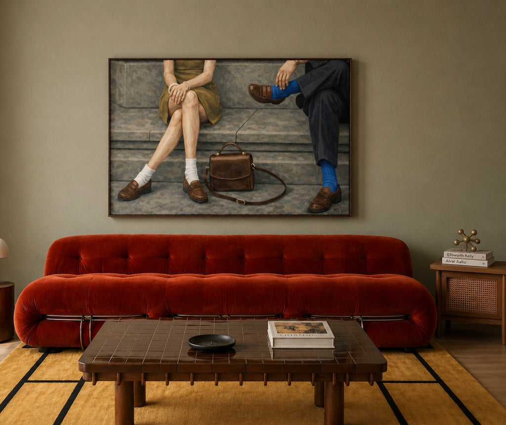 Meet me at the pavement is a hand painted Contemporary and figurative wall art of two seated figures, vintage shoes and a handbag in a nostalgic mid century inspired scene, against a grey background with expressive painterly texture. Minimalist Mid century modern oil painting with loafers in cinematic nostalgia composition.