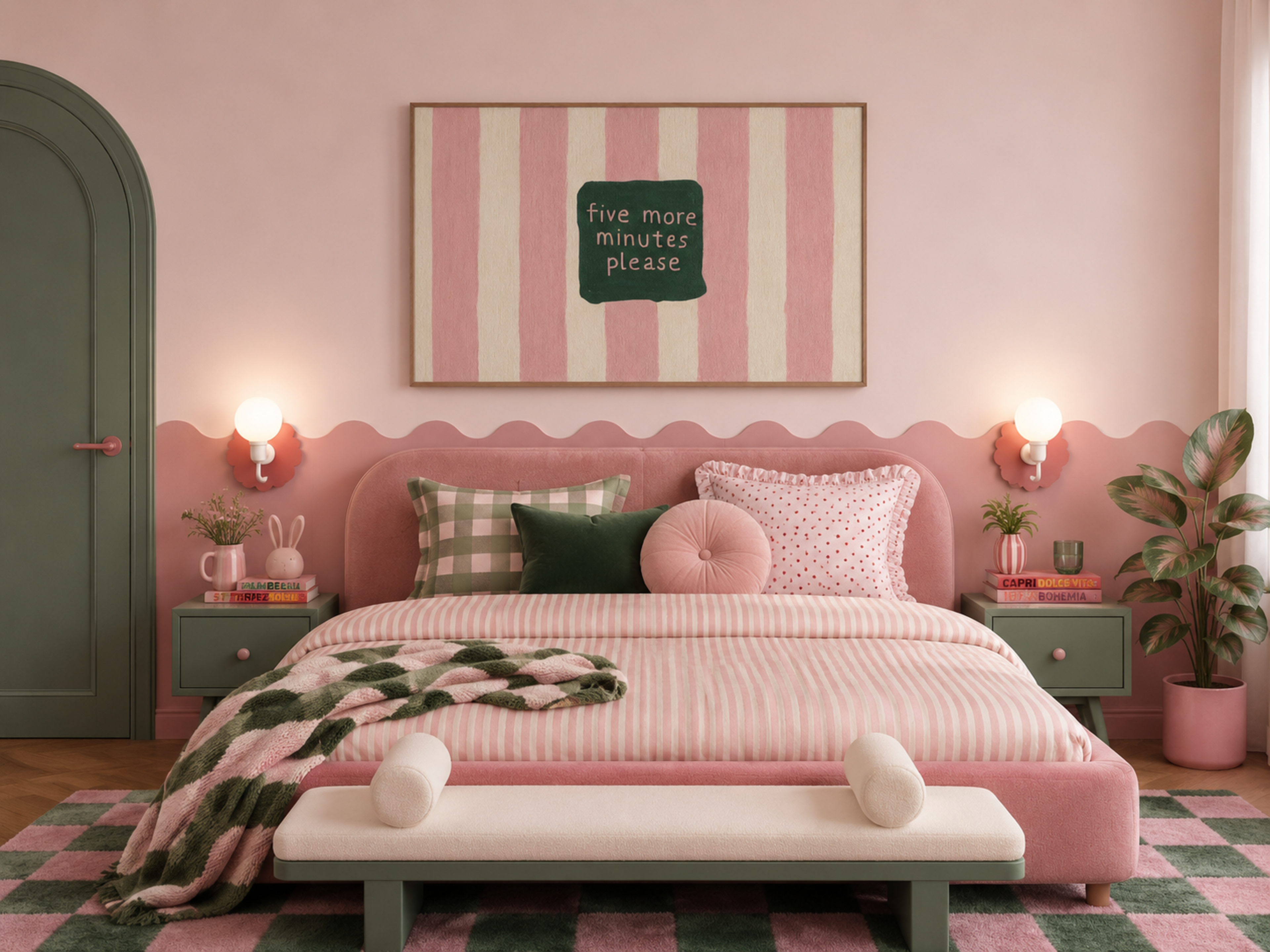 hand drawn Playful funny bedroom typography print with the phrase "five more minutes please" in striped pink, on textured oil painting canva. This is a hand drawn trendy typography wall art print ideal for above bed, bedrooms, dorm room decor, living rooms and kitchens, gallery walls and playful interiors.