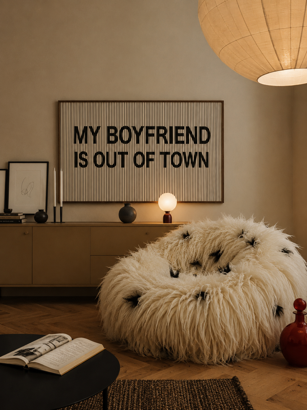 hand drawn Playful Funny typography print with the phrase "MY BOYFRIEND IS OUT OF TOWN" in a retro striped neutral canva. This is a trendy funny typography wall art print ideal for above bed, bedrooms, dorm room decor, living rooms and kitchens, gallery walls and playful interiors. The perfect Cool Girl Apartment decor