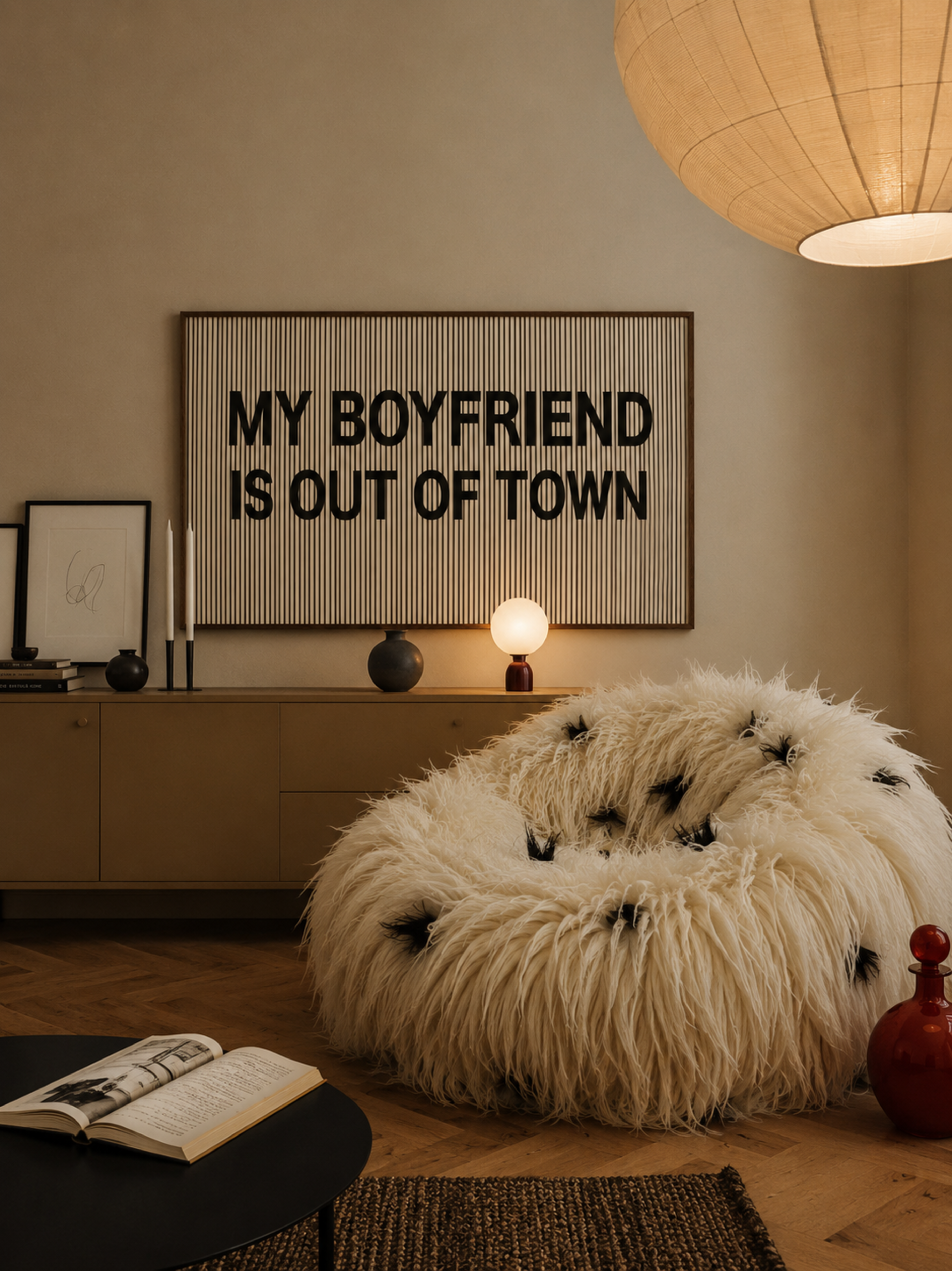 hand drawn Playful Funny typography print with the phrase "MY BOYFRIEND IS OUT OF TOWN" in a retro striped neutral canva. This is a trendy funny typography wall art print ideal for above bed, bedrooms, dorm room decor, living rooms and kitchens, gallery walls and playful interiors. The perfect Cool Girl Apartment decor