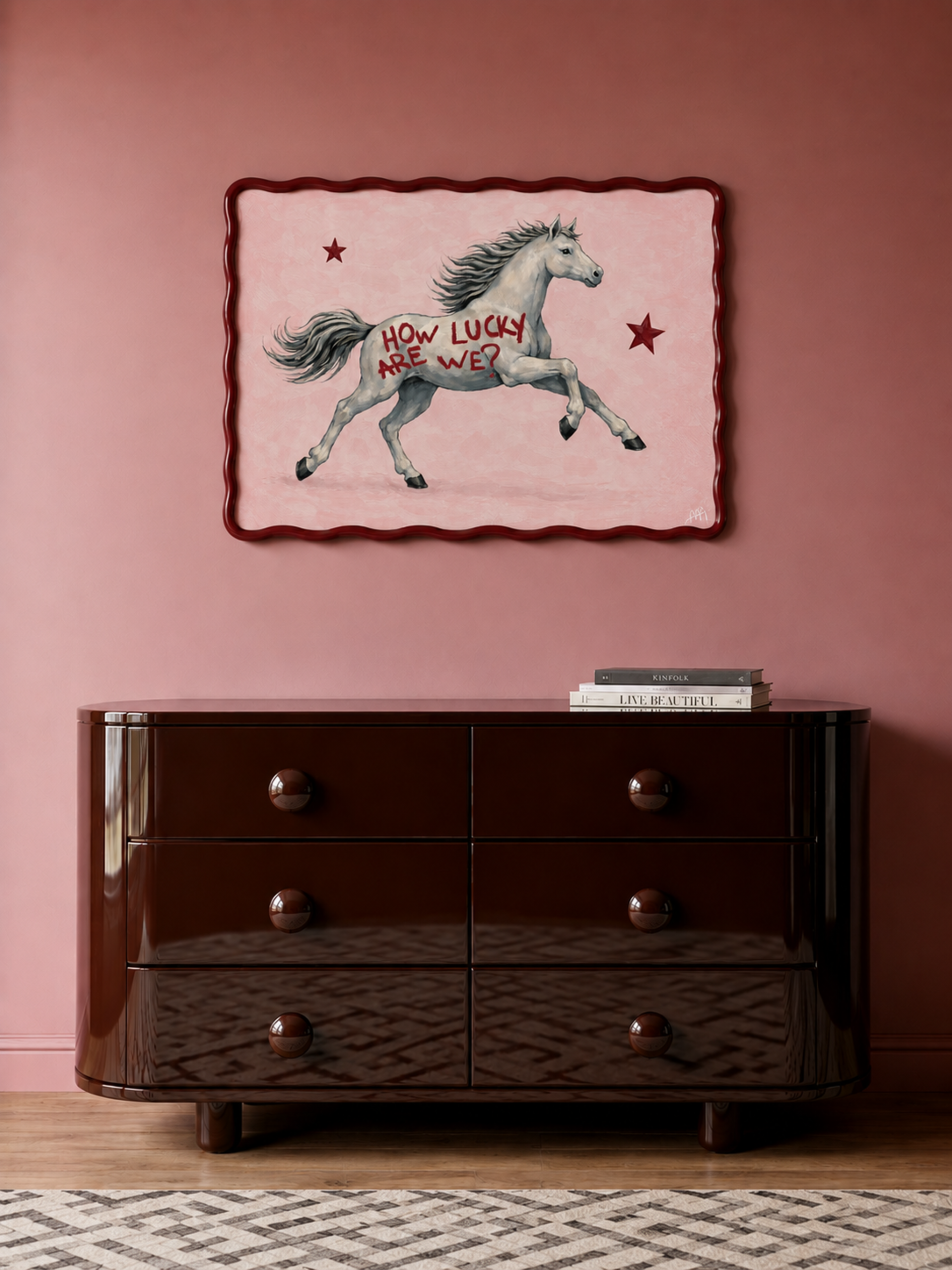 Symbolic Eclectic White Horse with red stars and handwritten quote "How Lucky Are We?" on a soft pink background. This is a hand drawn Contemporary Folk art Print Oil Painting.