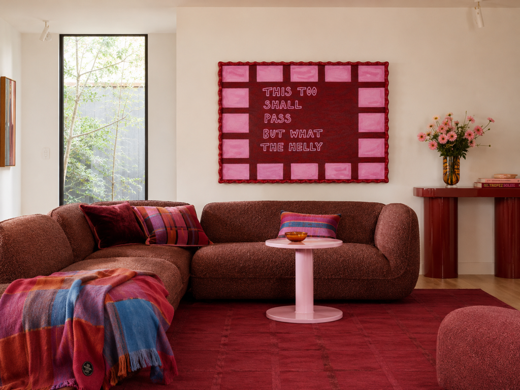 hand drawn Playful funny motivational bedroom typography print with the phrase "this too shall pass but what the helly" in blue and ruby burgundy, on textured oil painting canva. This is a hand drawn trendy typography wall art print ideal for above bed, bedrooms, dorm room decor, living rooms and kitchens, gallery walls and playful interiors.