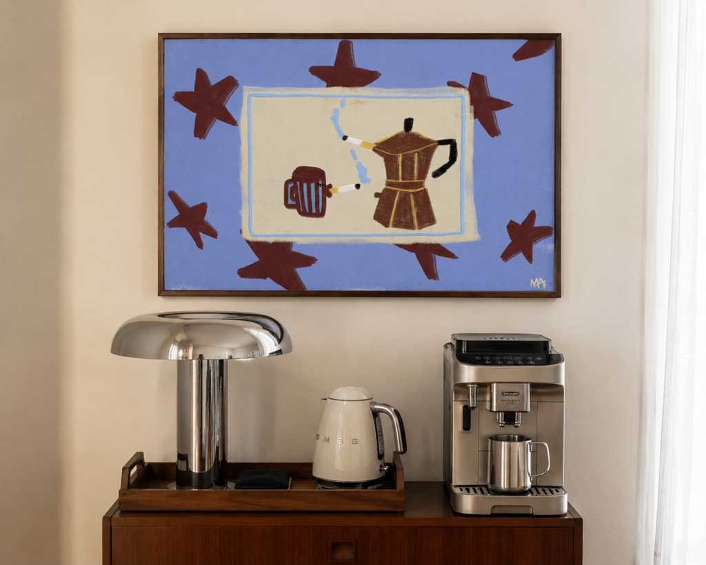 Playful Hand drawn Kitchen wall art with an espresso pot and coffee mug illustrations with cigarettes on a blue star pattern background. This is a hand drawn Oil Painting kitchen and bar cart art Print decor for playful kitchens, dining spaces and eclectic interiors.