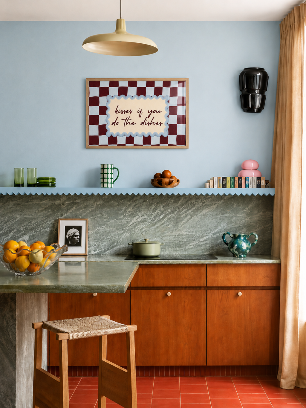Playful Kitchen Funny Typography wall art with Handwritten quote "Kisses if you do the dishes" on a retro checkered - checkerboard pattern in burgundy tones. This is a hand drawn Oil Painting kitchen art Print decor.