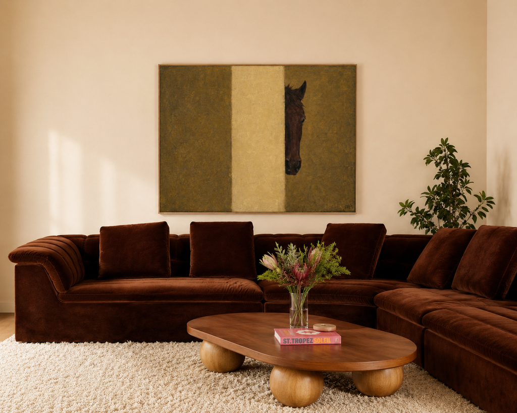 The Hidden Horse is a Contemporary Oil Painting Horse Art Print in earthy khaki tones, featuring a minimalist Horse Portrait