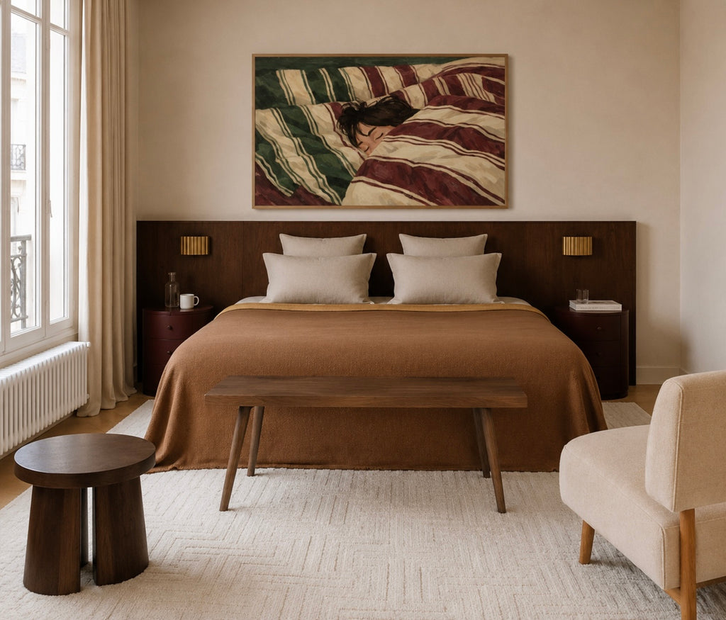 against all productivity is a hand painted wall art print of a sleeping womam in striped bedding, in green and burgundy tones, inspired by slow mornings and nostalgic interiors, symbolizing quiet luxury and unhurried mornings. Horizontal above bed oil painting wall art print . sunday morning aesthetic intimate wall art