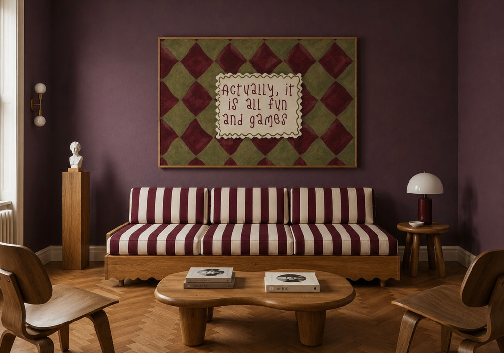 hand drawn Playful typography print with the phrase "actually its all fun and games" in a retro checkered blue and ruby burgundy, on textured oil painting canva. This is a hand drawn trendy funny typography wall art print ideal for above bed, bedrooms, dorm room decor, living rooms and kitchens, gallery walls and playful interiors.