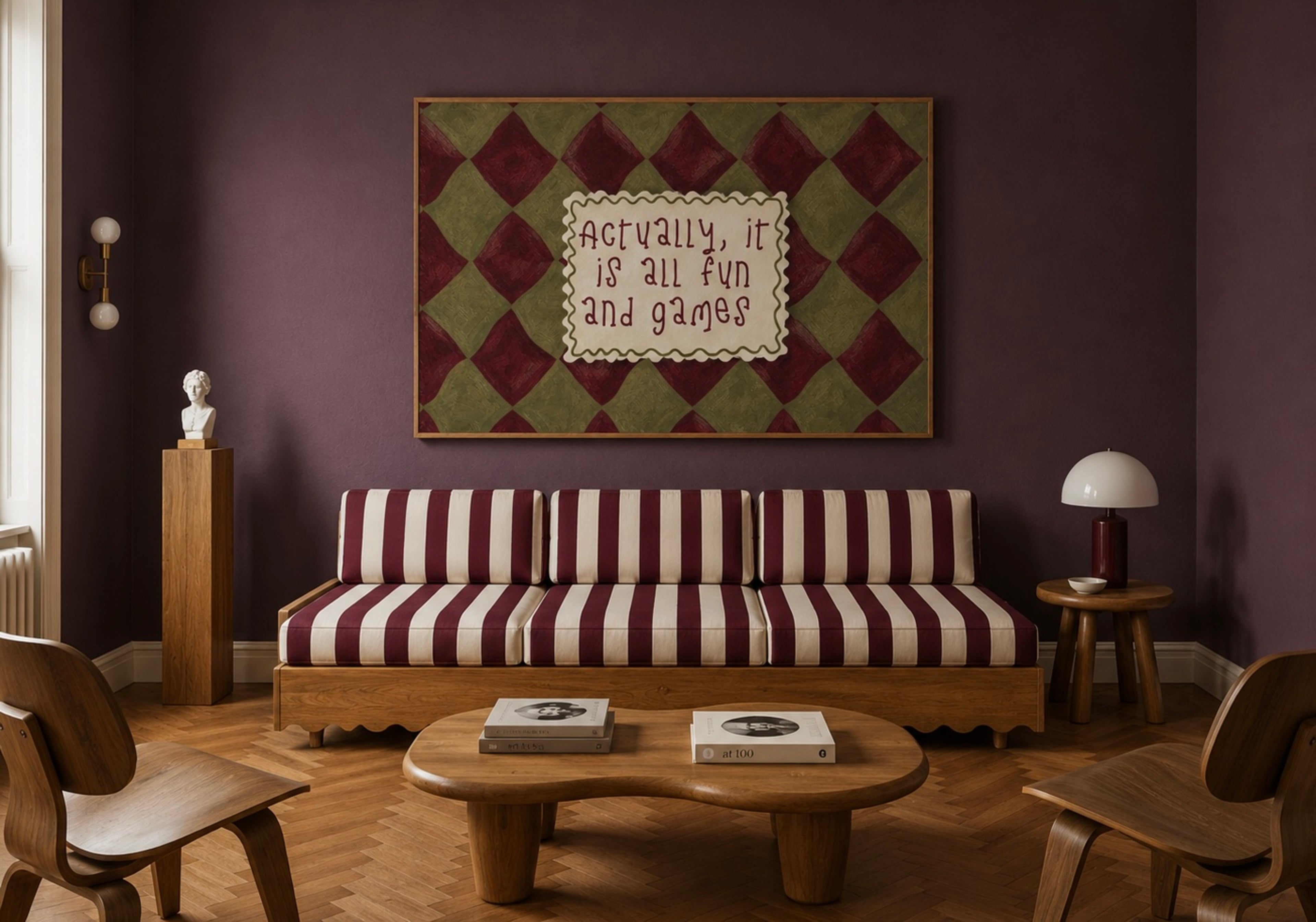 hand drawn Playful typography print with the phrase "actually its all fun and games" in a retro checkered blue and ruby burgundy, on textured oil painting canva. This is a hand drawn trendy funny typography wall art print ideal for above bed, bedrooms, dorm room decor, living rooms and kitchens, gallery walls and playful interiors.
