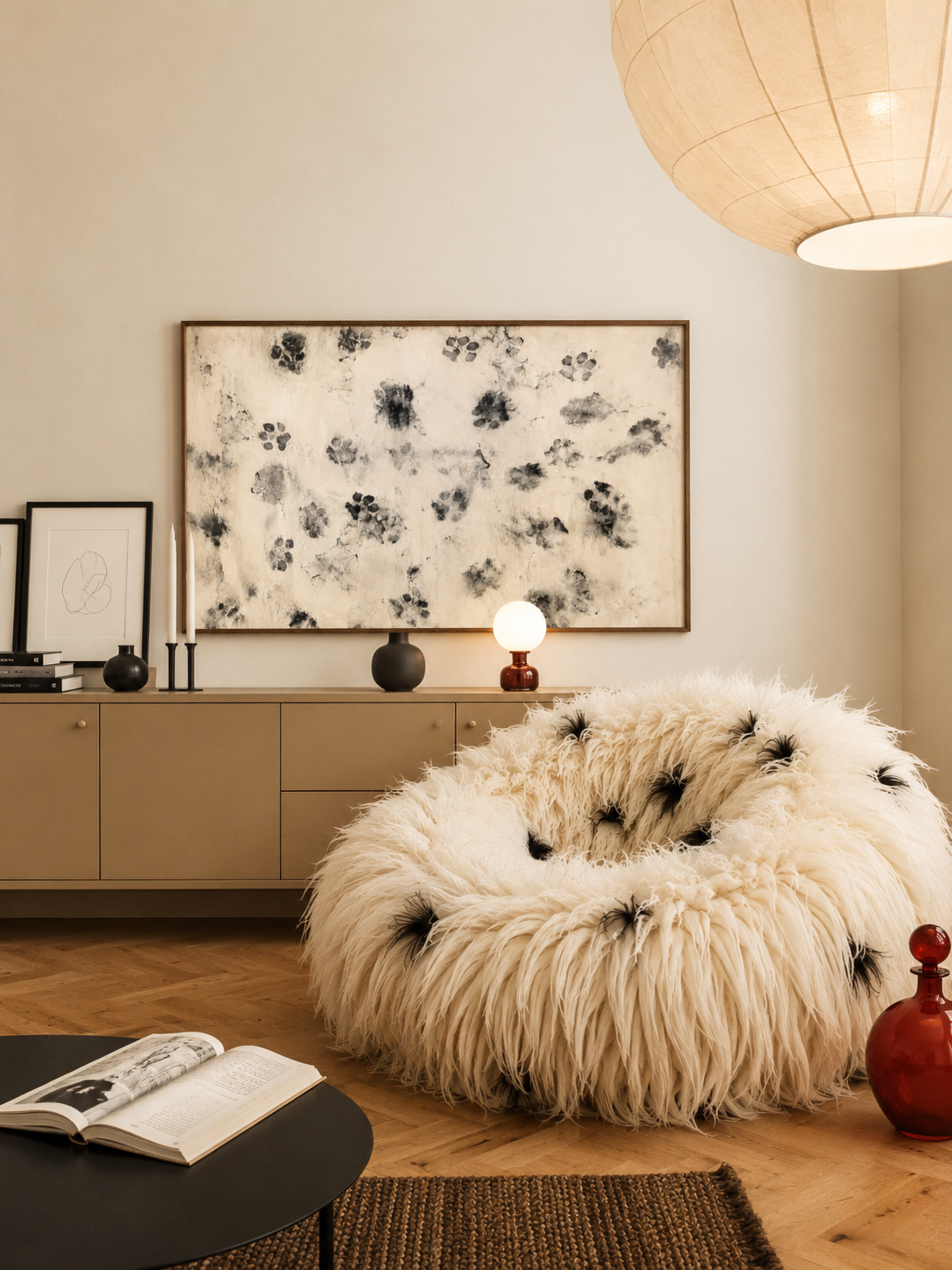 proof of life is a retro vintage wall art print with abstract dog paws scattered across a surface, on a textured neutral background. Featuring soft monochromatic markings in an abstract contemporary painting style.