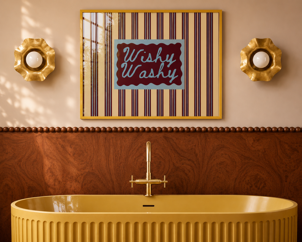 Wishy Washy is a whimsical Retro typography art print designed to bring humour, colour and personality into your bathroom and laundry room. Featuring vintage-inspired striped patterns and hand-lettered typography, this artwork captures the nostalgic charm of classic bath-time phrases while adding a playful decorative touch to modern interiors. this is a hand drawn Retro quote wall art featuring, ideal for bathrooms, laundry room decor, and cheeky playful interiors. green burgundy