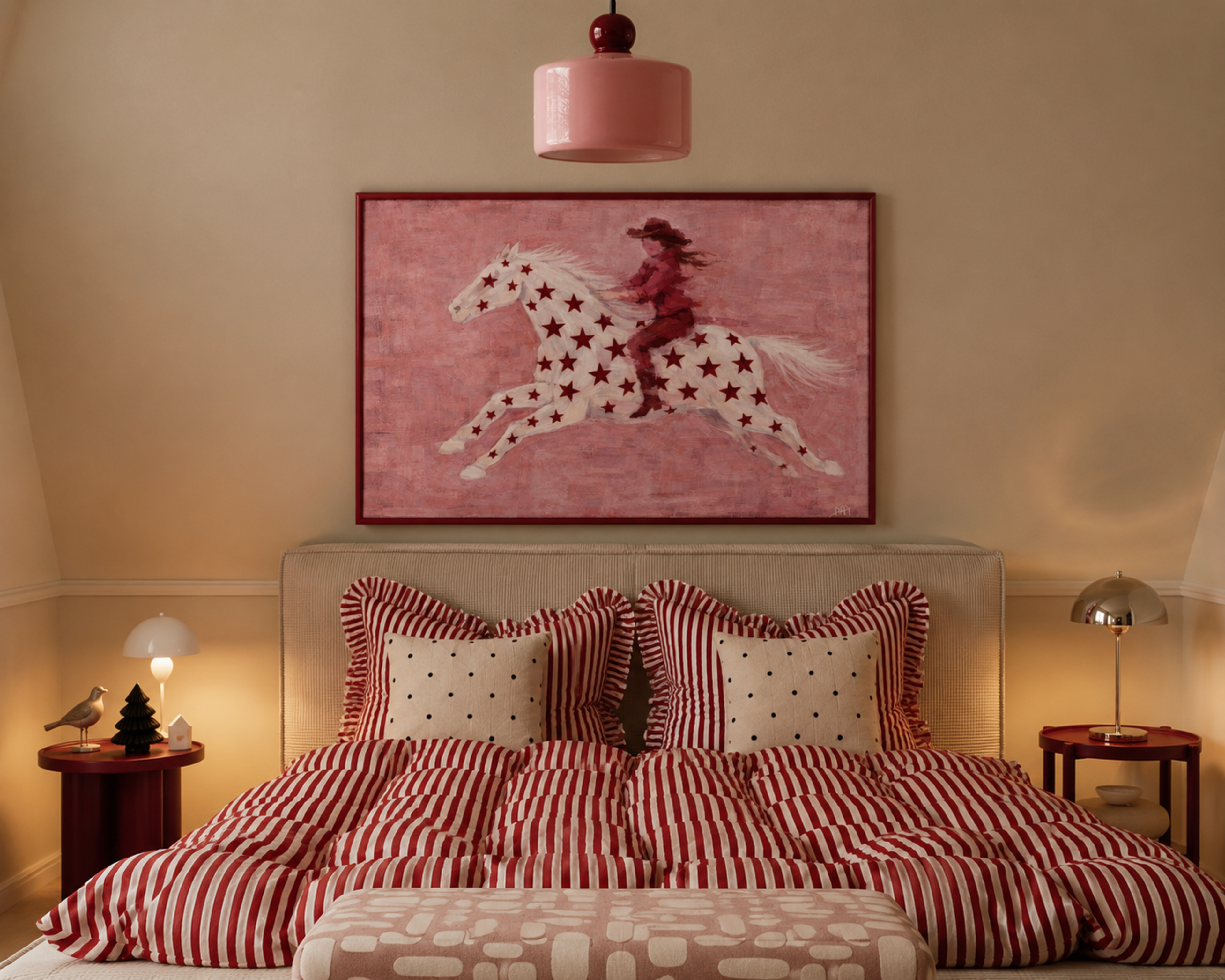 contemporary western folk style artwork of a cowgirl woman riding a star patterned horse with red burgundy stars on a pink background. hand drawn painterly effect
