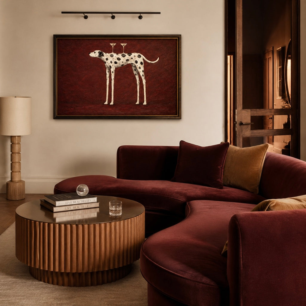 the cocktail dalmatian is a surreal hand painted Minimalist Contemporary whimsical wall art print of a dalmatian dog balancing two martini glasses against a burgundy background, inspired by quiet luxury interiors with expressive painterly texture. Surreal Minimalist Mid century modern dalmatian dog oil painting in cinematic nostalgia composition.