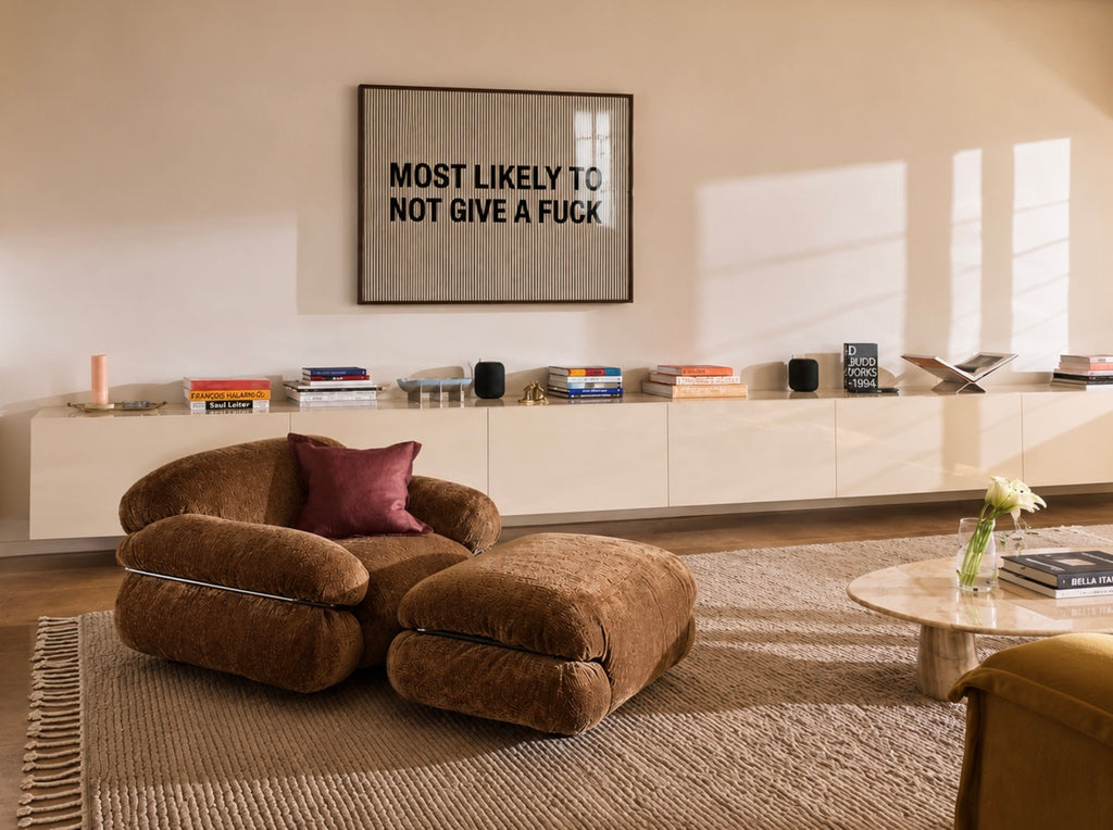 hand drawn Playful Funny typography print with the phrase "MOST LIKELY TO NOT GIVE A FUCK" in a retro striped neutral canva. This is a trendy funny typography wall art print ideal for above bed, bedrooms, dorm room decor, living rooms and kitchens, gallery walls and playful interiors. The perfect Cool Girl Apartment decor