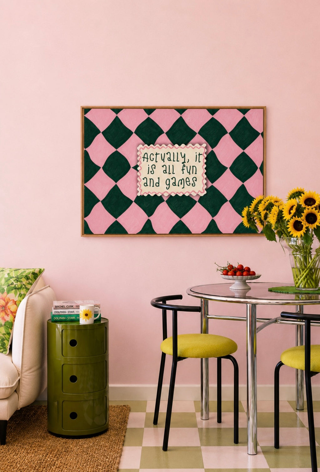 hand drawn Playful typography print with the phrase "actually its all fun and games" in a retro checkered blue and ruby burgundy, on textured oil painting canva. This is a hand drawn trendy funny typography wall art print ideal for above bed, bedrooms, dorm room decor, living rooms and kitchens, gallery walls and playful interiors.