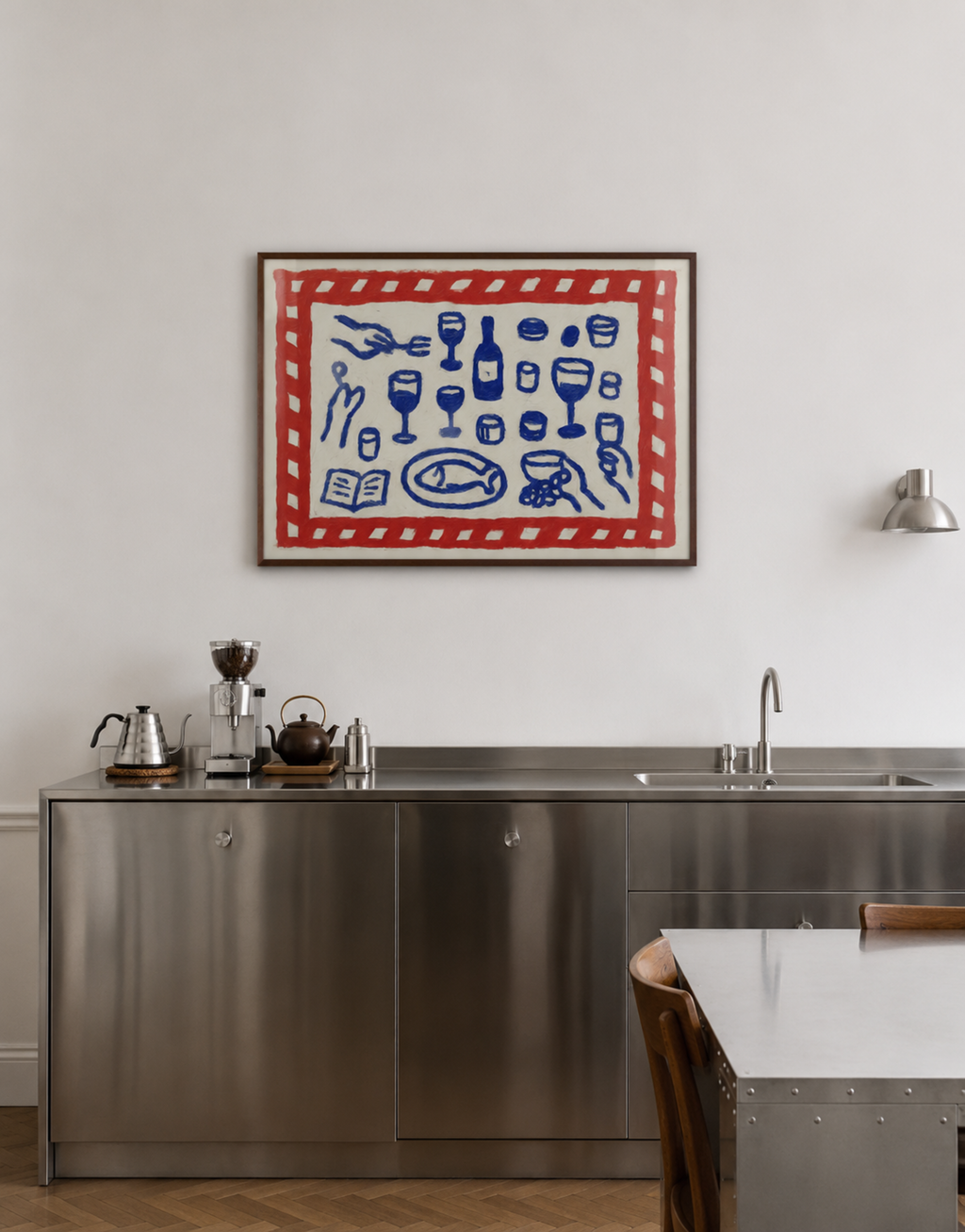 Italian Dinner contemporary Kitchen wall art with hand drawn wine, food, pasta and dining illustrations with expressive painterly texture and nostalgic atmosphere. This is a hand drawn still life table Oil Painting kitchen and bar cart art Print decor for playful kitchens, dining spaces and eclectic interiors