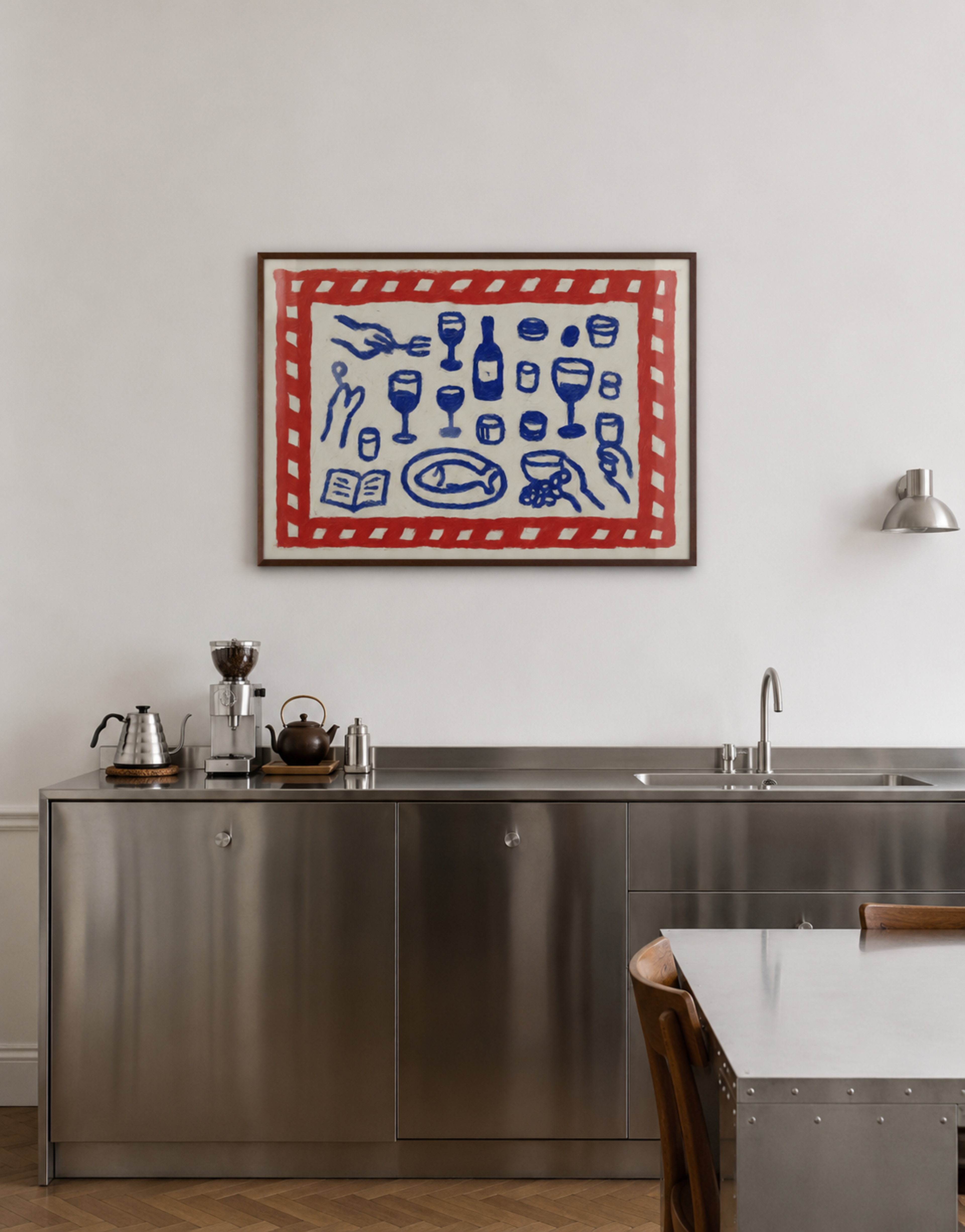 Italian Dinner contemporary Kitchen wall art with hand drawn wine, food, pasta and dining illustrations with expressive painterly texture and nostalgic atmosphere. This is a hand drawn still life table Oil Painting kitchen and bar cart art Print decor for playful kitchens, dining spaces and eclectic interiors