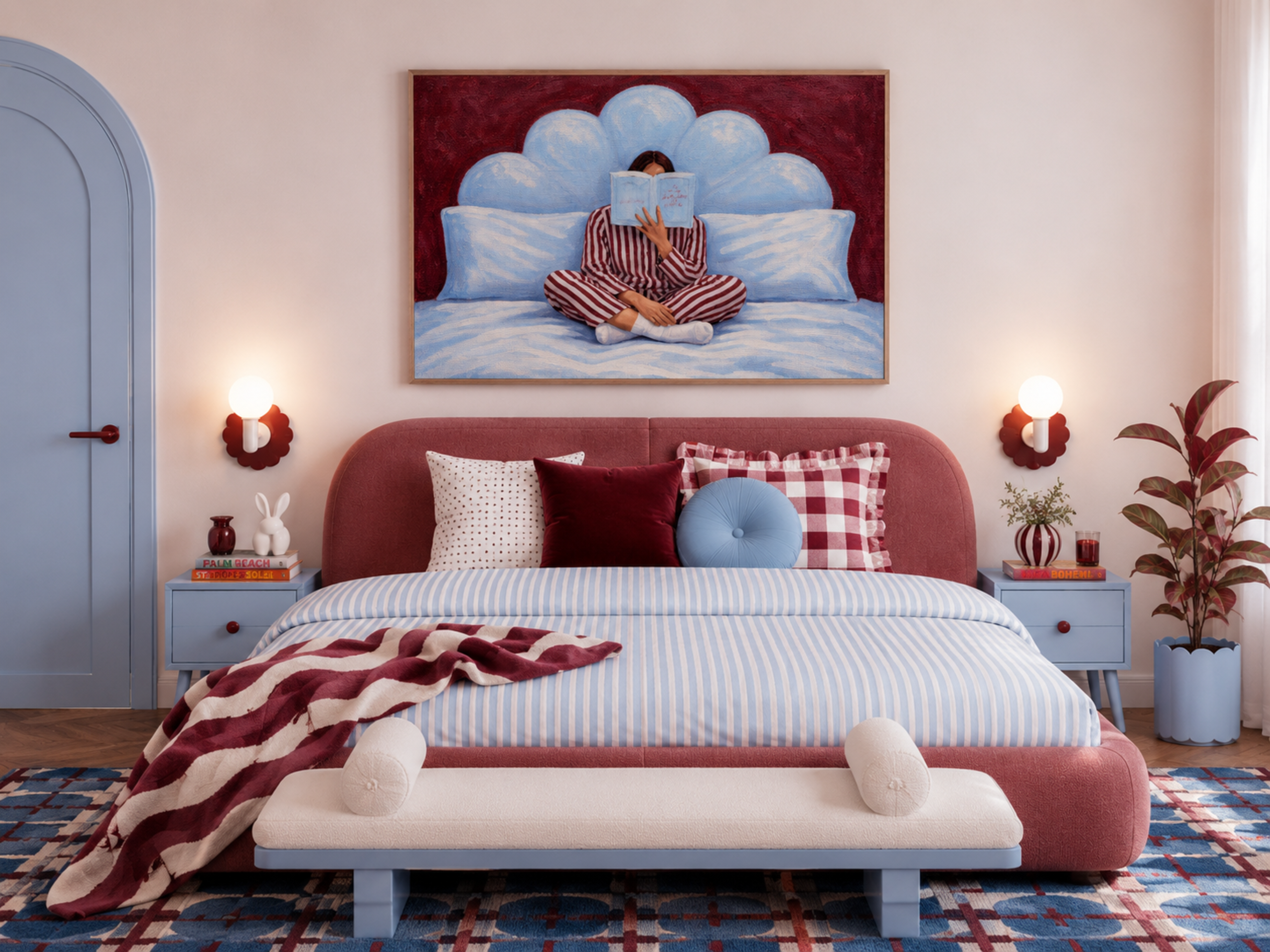 the last good habit is a hand painted wall art print of a womam reading in bed wearing her striped pyjamas, in blue and ruby tones, inspired by vintage glamour and maximalist cinematic luxury interiors, symbolizing femininity and nostalgic interiors. Horizontal above bed oil painting wall art print
