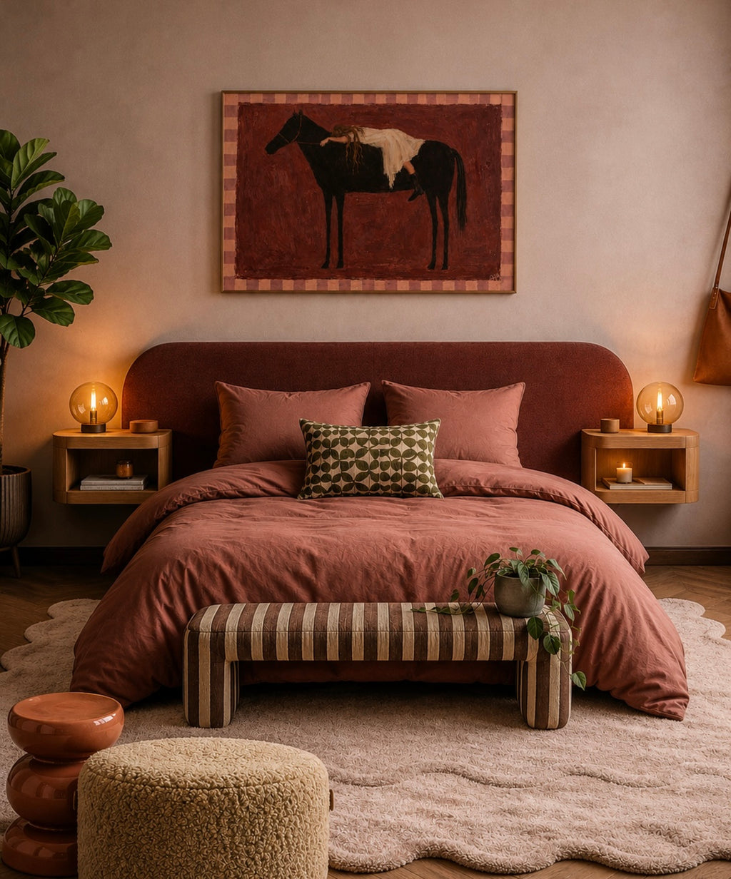 Held by the Horse is a symbolic Western Horse Artwork featuring a restiing female figure on a dark horse in Ruby Burgundy tones