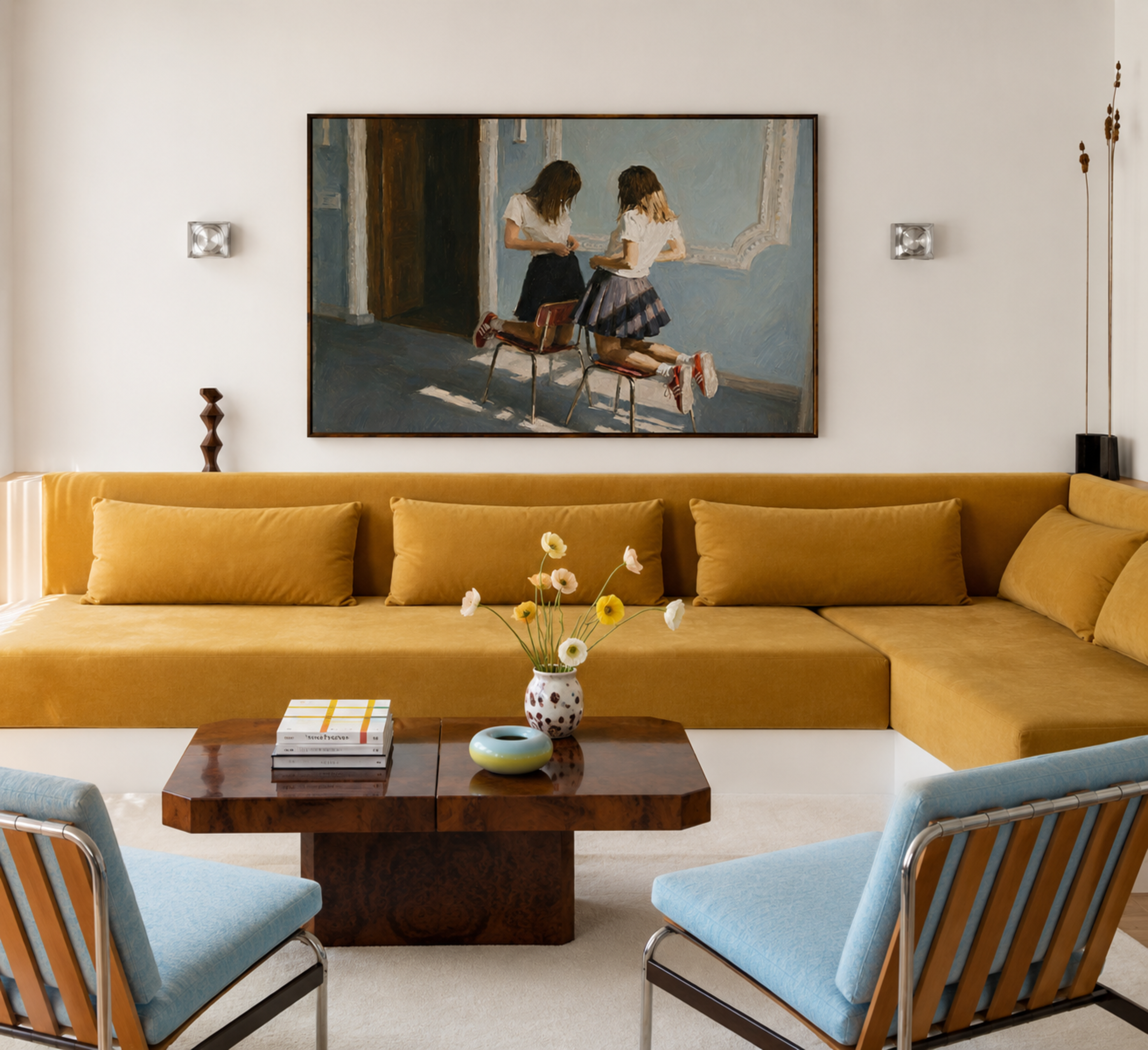 just between us is a hand painted retro nostalgic contemporary figurative wall art print of two girls sitting across each other on two chairs, inspired by contemporary figurative painting, the value of friendship, cinematic images, the melancholy beauty of old films, bringing storytelling, atmosphere and . large textured canva oil painting wall art print