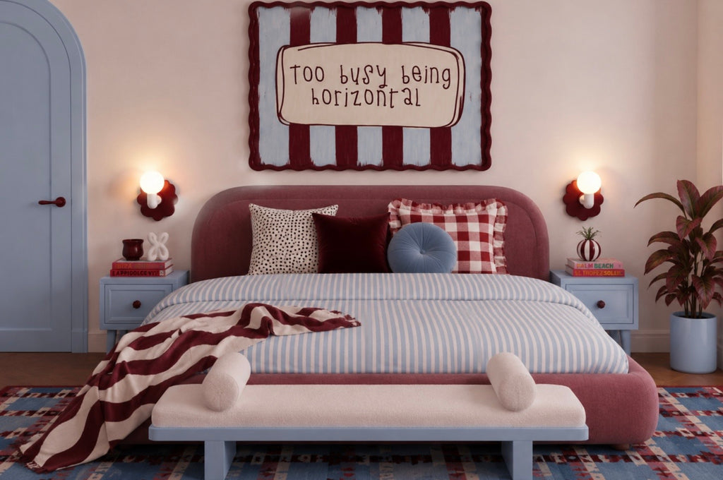 hand drawn Playful funny bedroom typography print with the phrase "Too busy being horizontal" in striped blue and ruby, on textured oil painting canva. This is a hand drawn trendy typography wall art print ideal for above bed, bedrooms, dorm room decor, living rooms and kitchens, gallery walls and playful interiors.