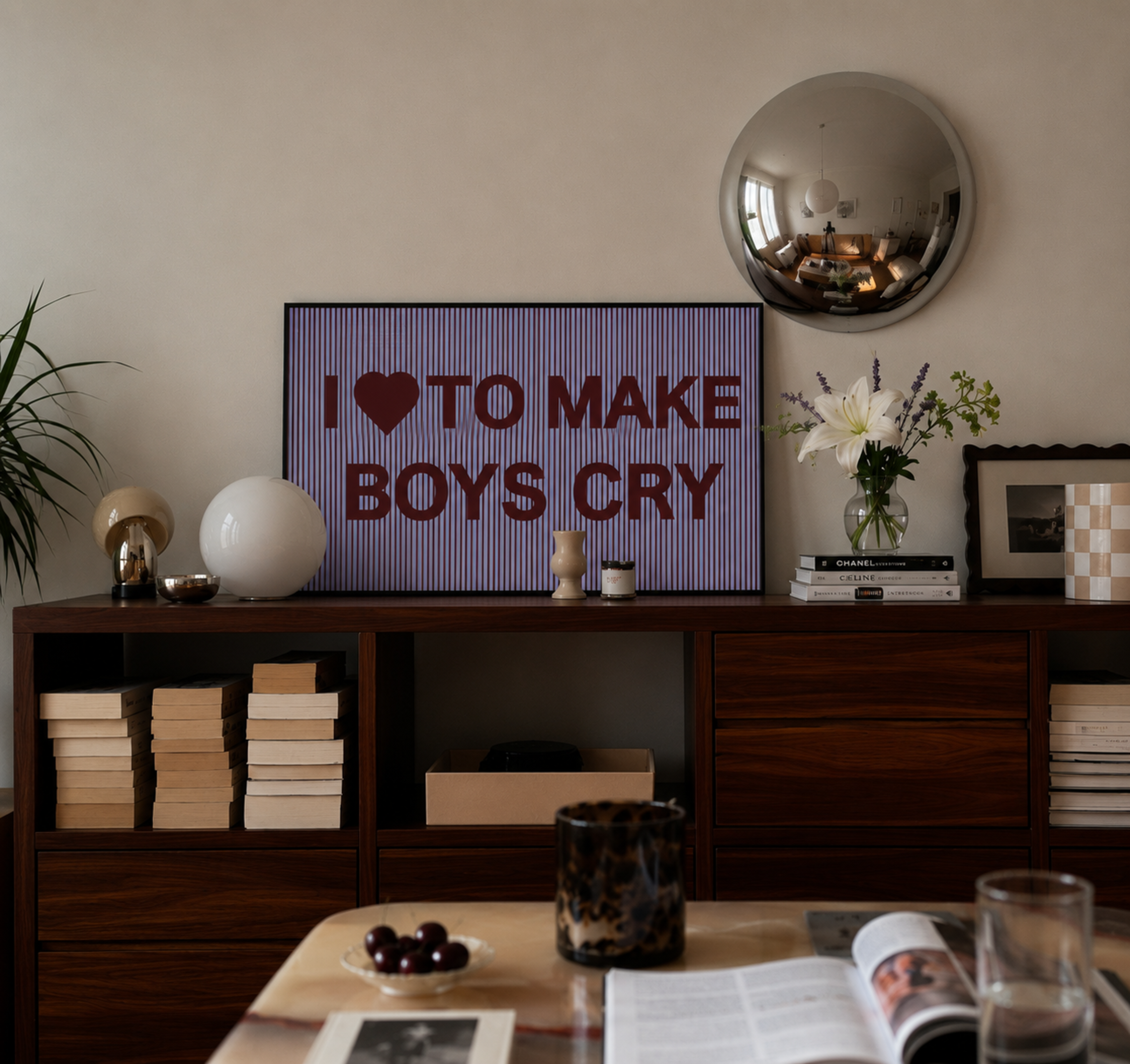 hand drawn Playful Funny typography print with the phrase "I LOVE TO MAKE BOYS CRY" in a retro striped blue and ruby canva. This is a trendy funny typography wall art print ideal for above bed, bedrooms, dorm room decor, living rooms and kitchens, gallery walls and playful interiors. The perfect Cool Girl Apartment decor