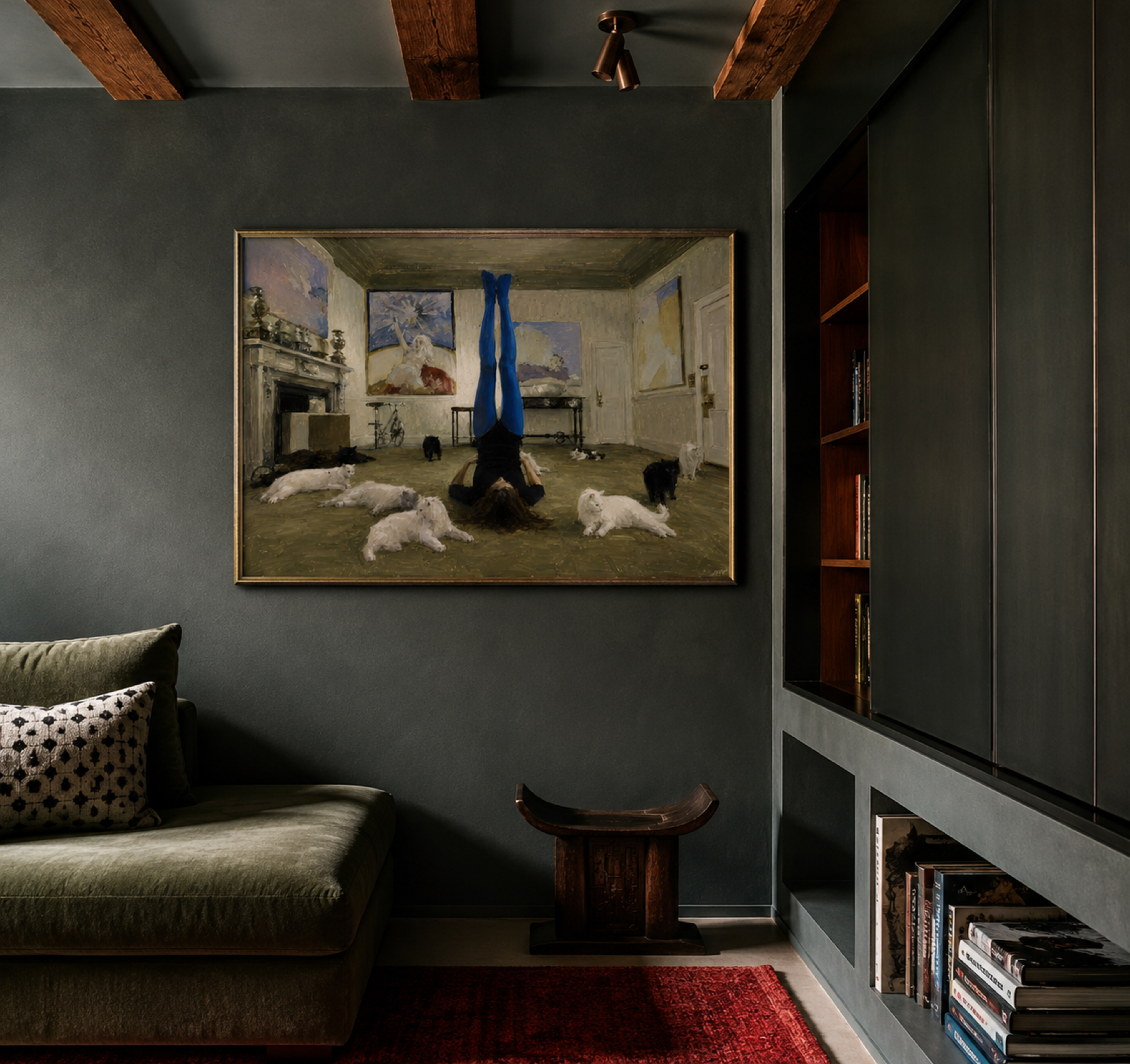 Touch Grass is a hand painted contemporary figurative wall art print of a girl upside down in a yoga position surrounded by cats, inspired by contemporary figurative painting, cinematic images, the melancholy beauty of old films, bringing storytelling, atmosphere and fashion. large textured canva oil painting wall art print