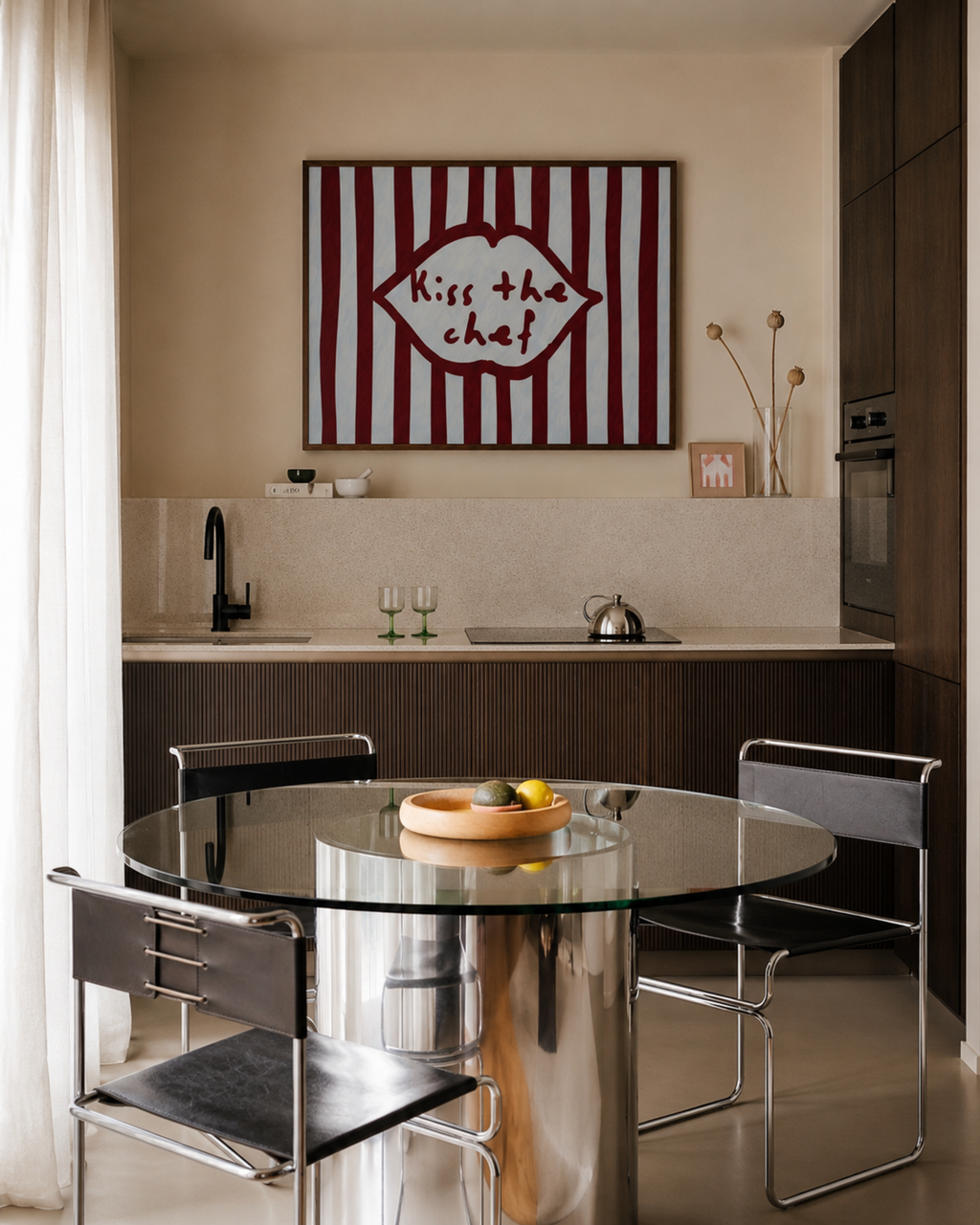 Playful Kitchen Funny Typography wall art with Handwritten quote "Kiss the chef" on a retro striped background in ruby blue tones with lips motif. This is a hand drawn Oil Painting kitchen art Print decor.