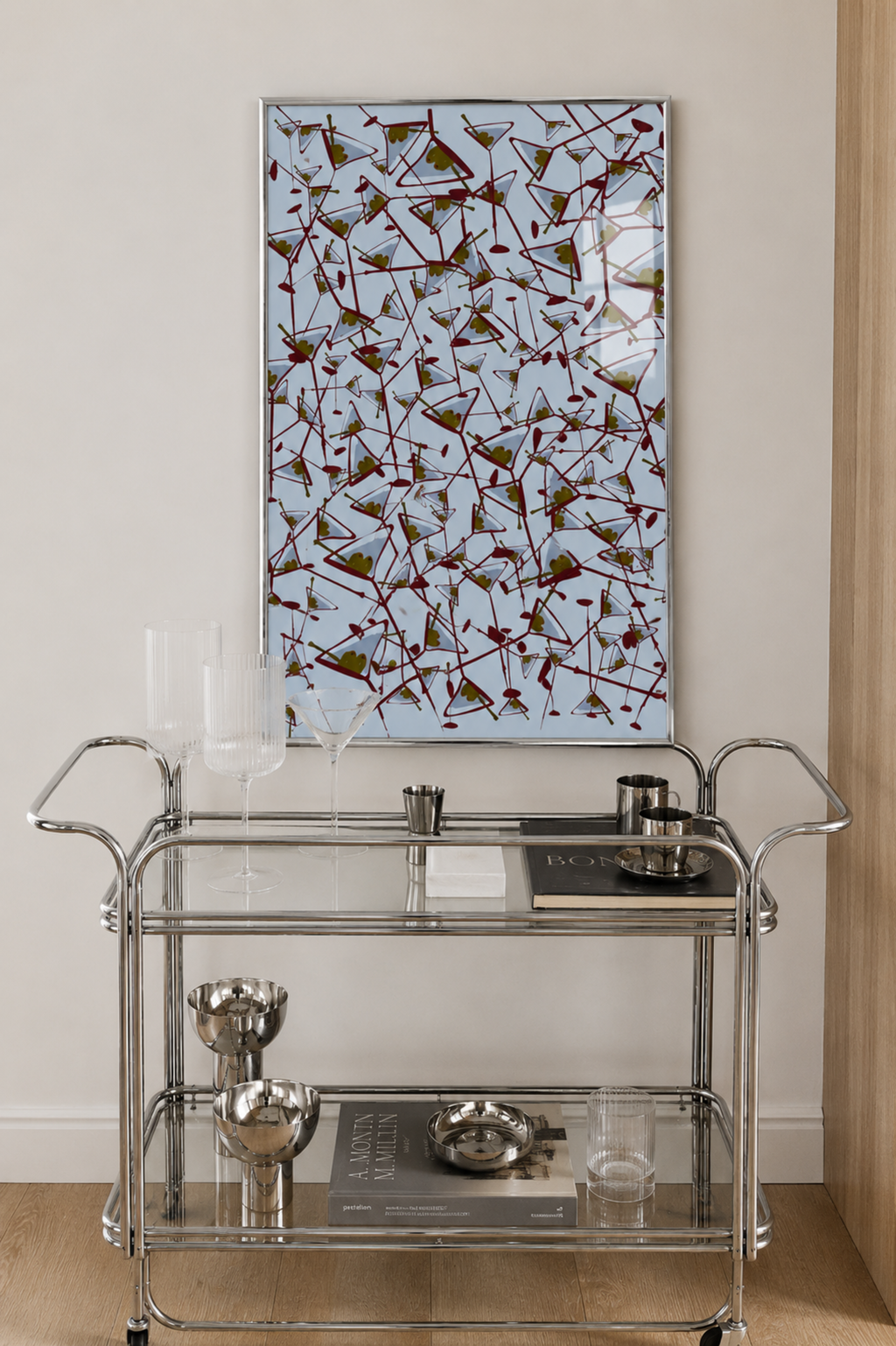 Olive Martini abstract geometric pattern Kitchen wall art with hand drawn cocktail illustrations on a blue and ruby background, inspired by Mediterranean aperitivo culture. This is a hand drawn cocktail Oil Painting kitchen and bar cart art Print decor for playful kitchens, dining spaces and eclectic interiors.
