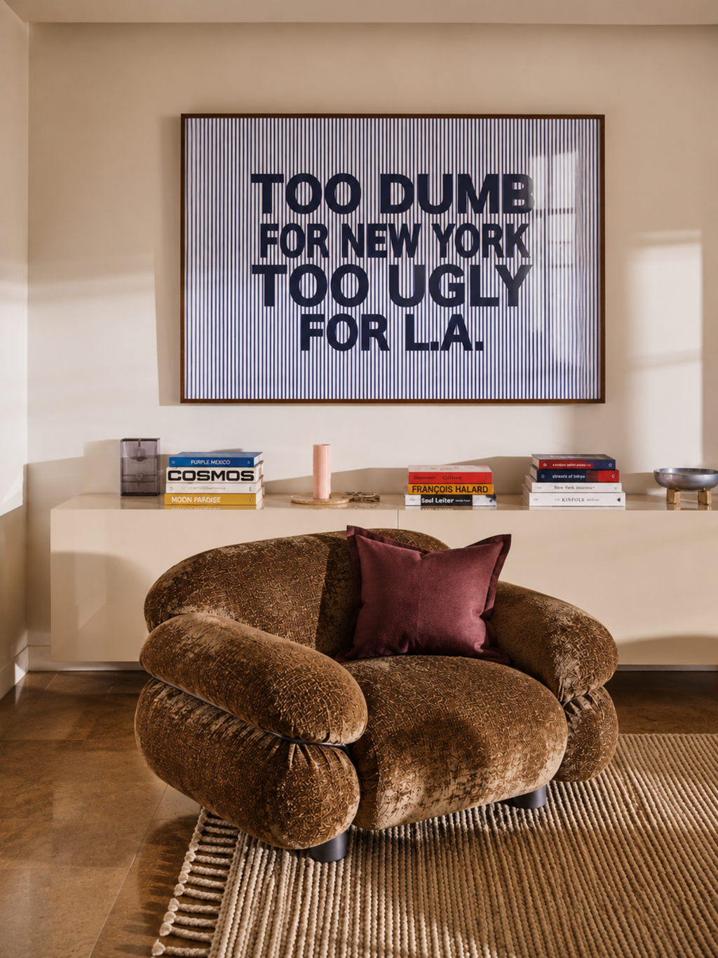 hand drawn Playful Funny typography print with the phrase "TOO DUMB FOR NY, TOO UGLY FOR LA" in a retro striped navy blue canva. This is a trendy funny typography wall art print ideal for above bed, bedrooms, dorm room decor, living rooms and kitchens, gallery walls and playful interiors. The perfect Cool Girl Apartment decor