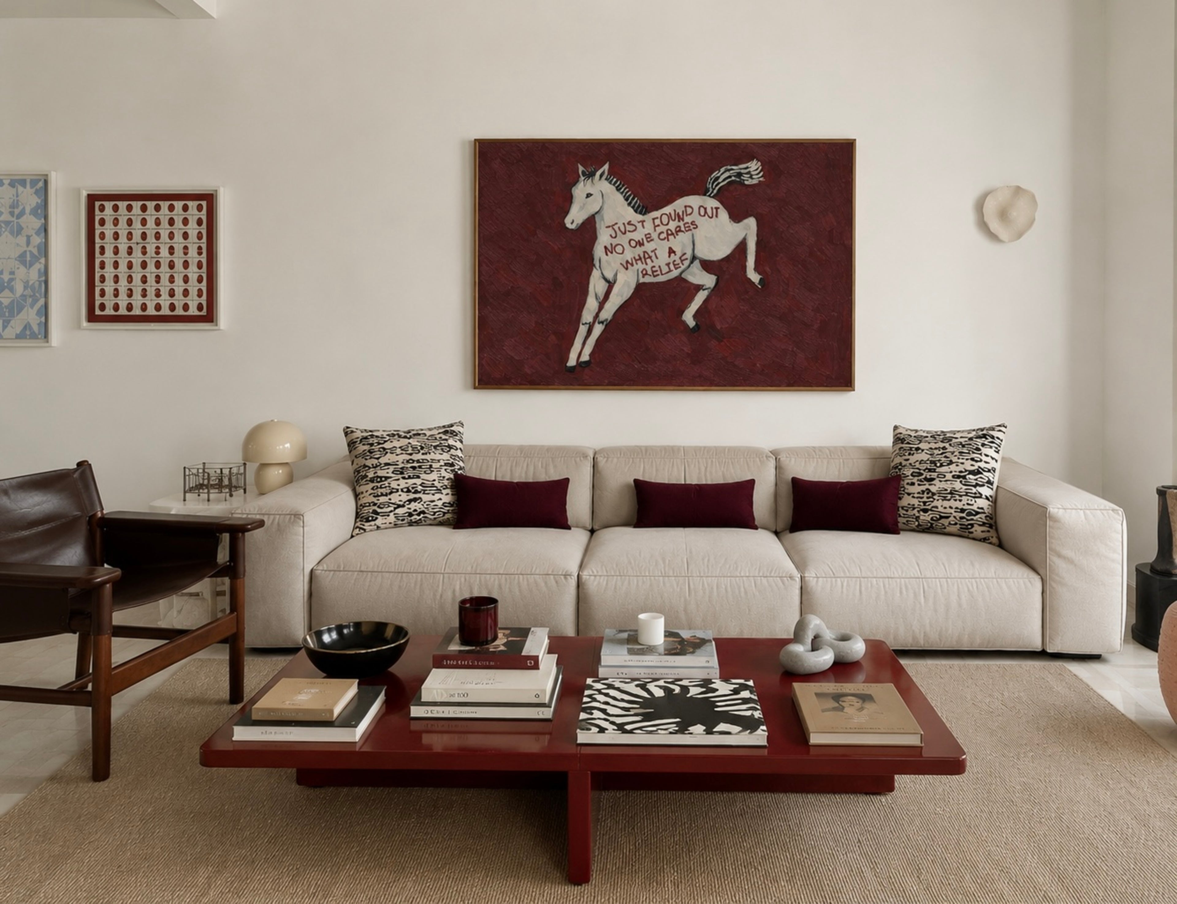 A surreal Symbolic artwork featuring a White Horse running against a burgundy background. The Horse has handwritten quote "Just Found Out No One Cares What A Relief". This is a hand drawn Eclectic Contemporary Folk art Print Oil Painting.