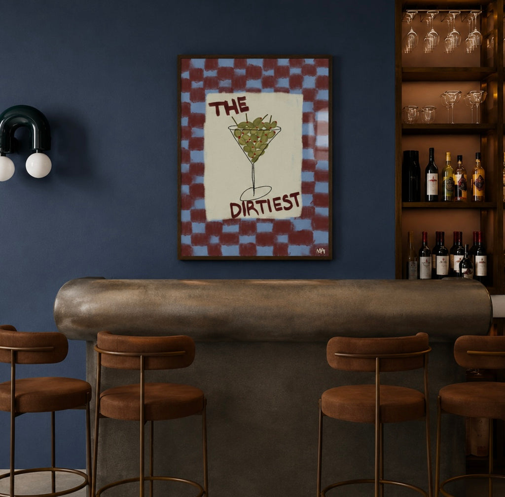 Playful Hand drawn Kitchen Funny Typography wall art with an Olive Martini illustration and the phrase "The Dirtiest" on a retro checkered background in blue and burgundy tones. This is a hand drawn Oil Painting kitchen and bar cart art Print decor.