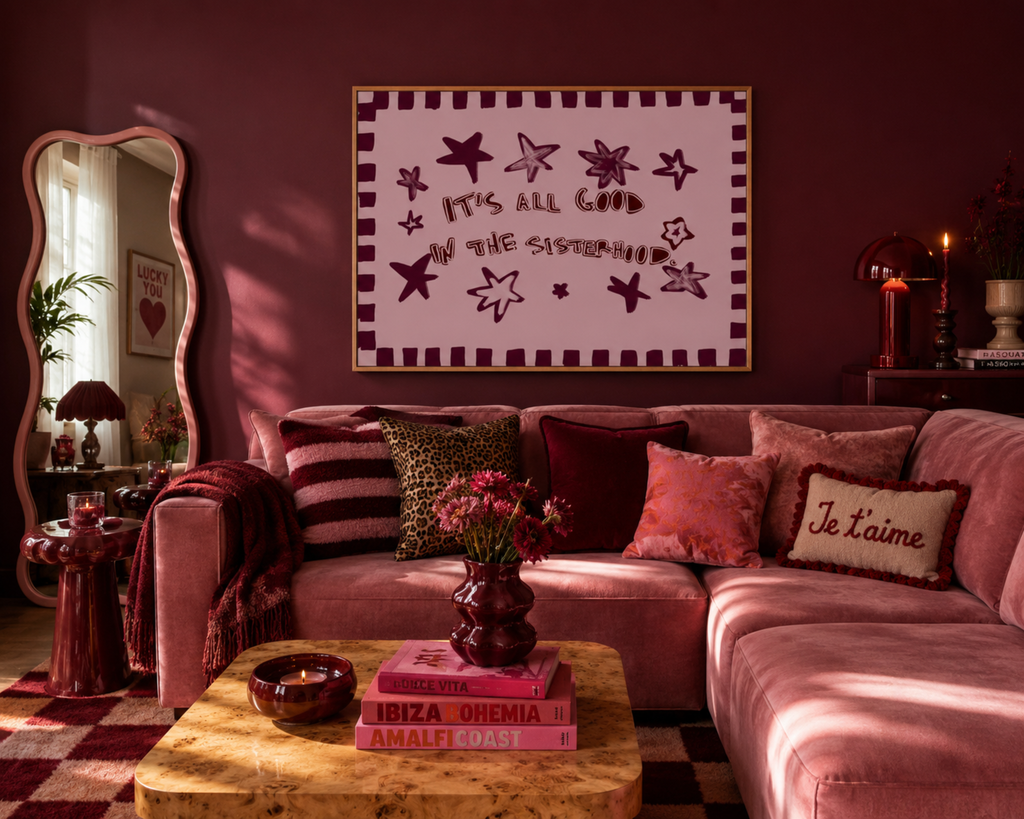 Playful typography print with the phrase "It's all good in the sisterhood" on a pink background with burgundy stars. This is a hand drawn trendy typography wall art print ideal for girly bedrooms, dorm room decor, sorority houses and gift for your best friend.