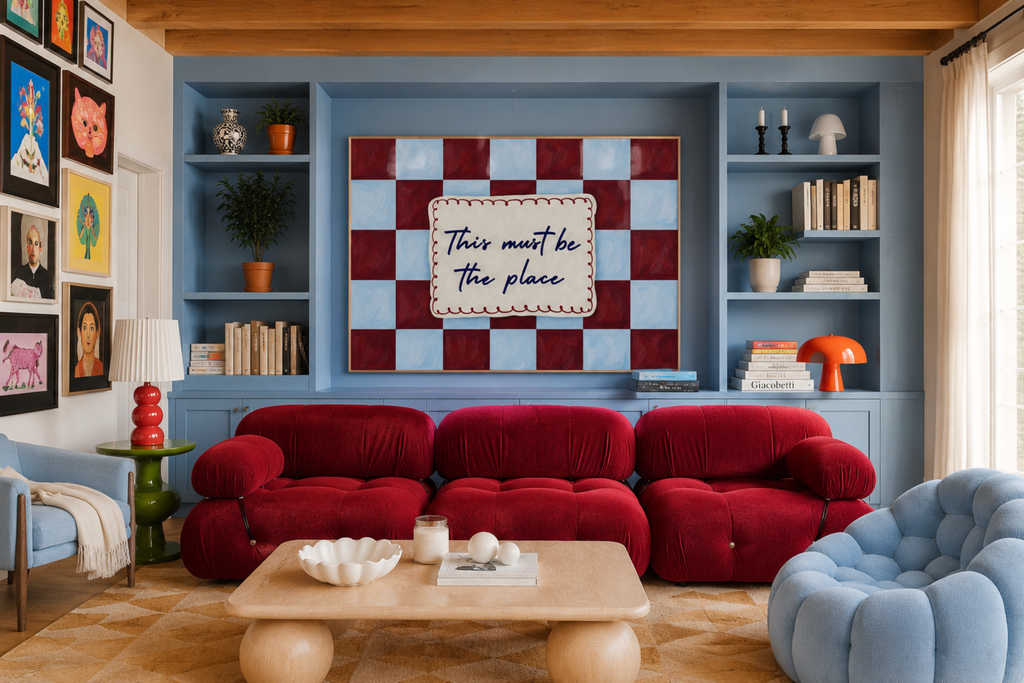 hand drawn Playful typography print with the phrase "this must be the place" in a retro checkerboard dark green, on textured oil painting canva. This is a hand drawn trendy typography ideal for above bed, bedrooms, dorm room decor, living rooms and kitchens, gallery walls and playful interiors.