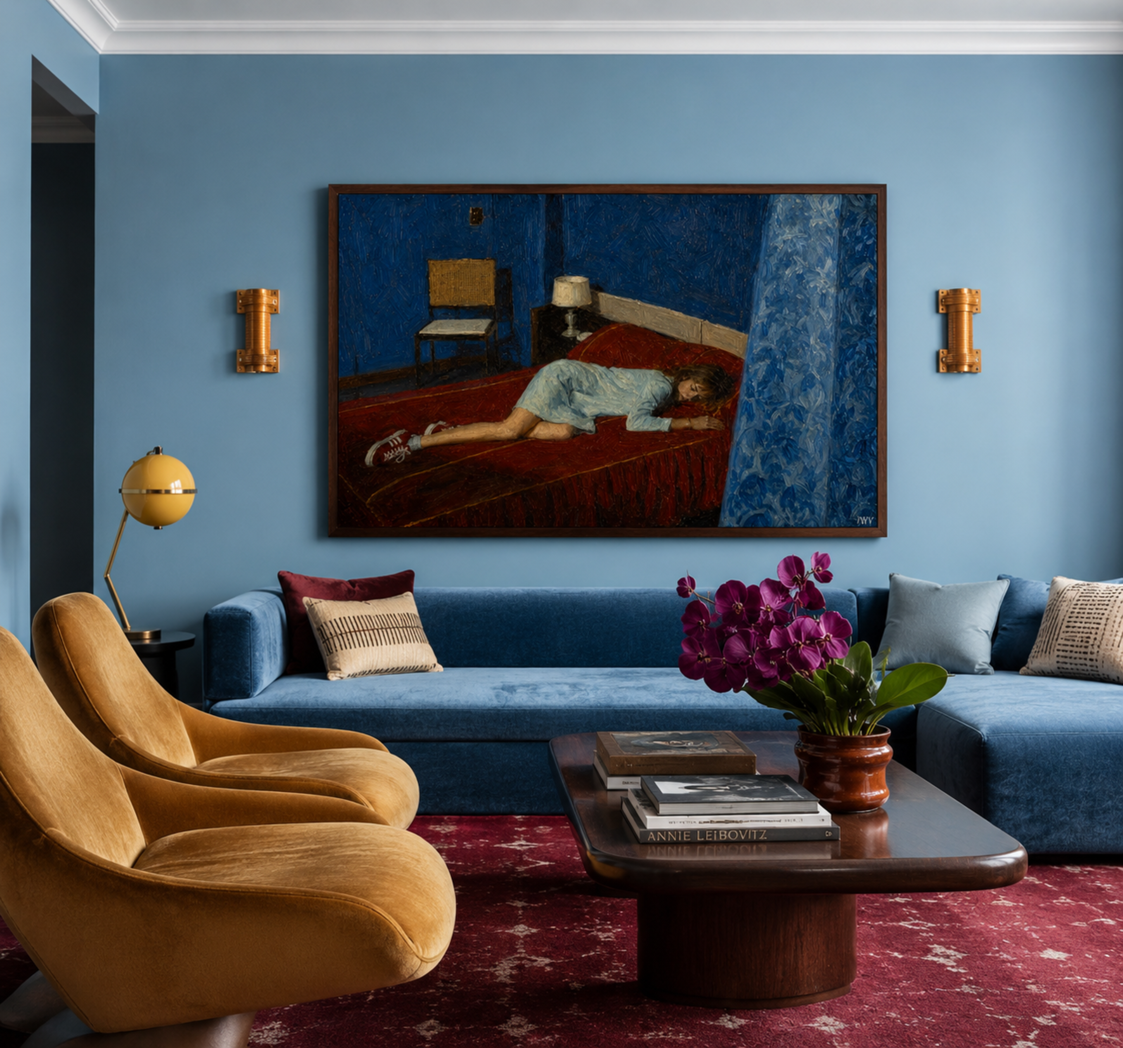 the world can wait is a hand painted retro nostalgic contemporary figurative wall art print of a girl lying on her bed with her sneakers, inspired by contemporary figurative painting, cinematic images, the melancholy beauty of old films, bringing storytelling, atmosphere and fashion. large textured canva oil painting wall art print