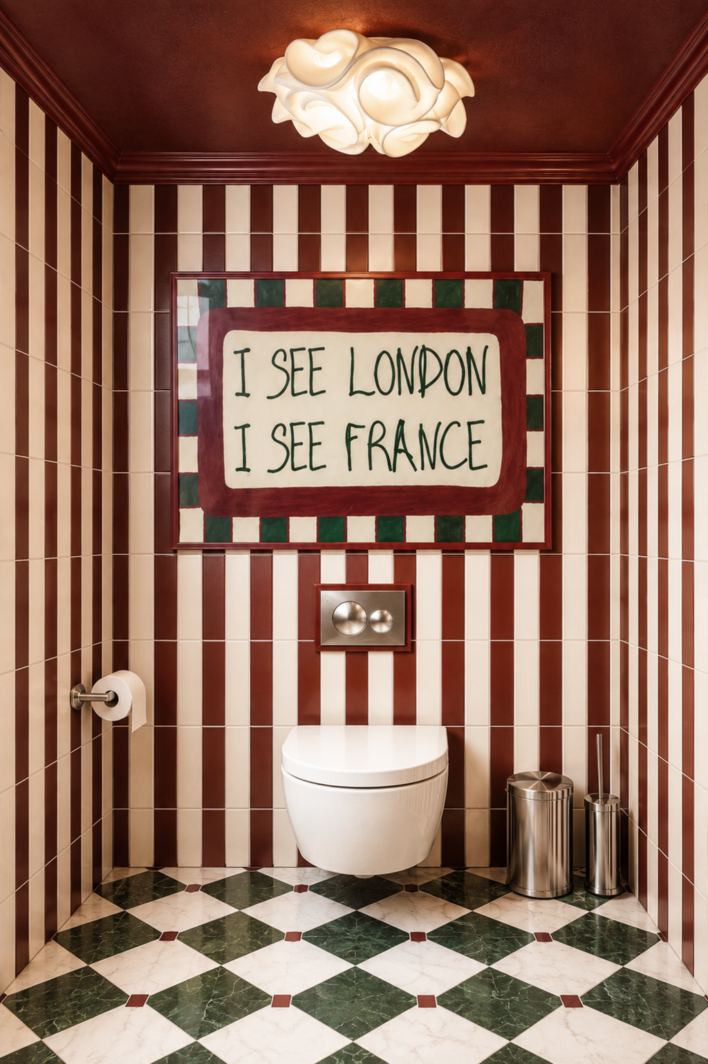 I SEE LONDON I SEE FRANCE is a whimsical Retro typography art print designed to bring humour, colour and personality into your bathroom and laundry room. Featuring vintage-inspired Checkered patterns and hand-lettered typography, this artwork captures the nostalgic charm while adding a playful decorative touch to modern interiors. this is a hand drawn Retro quote wall art, ideal for bathrooms, laundry room decor, and cheeky playful interiors. Blue burgundy