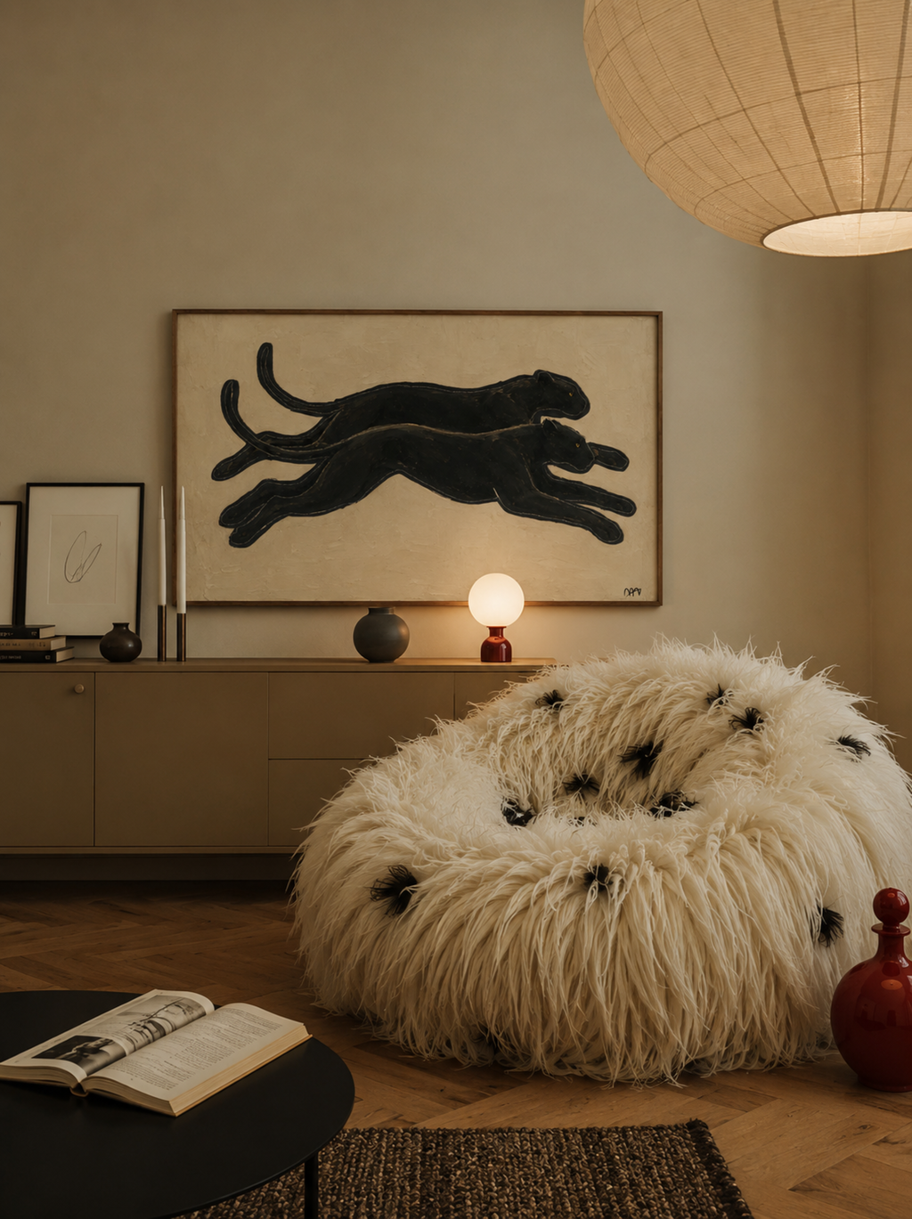 eternal chase is a hand painted Minimalist Vintage symbolic wall art print of two Black panthers running side by side against a neutral background, inspired by quiet luxury interiors, symbolizing strength, movement and duality. Minimalist Mid century modern cheetah panther oil painting