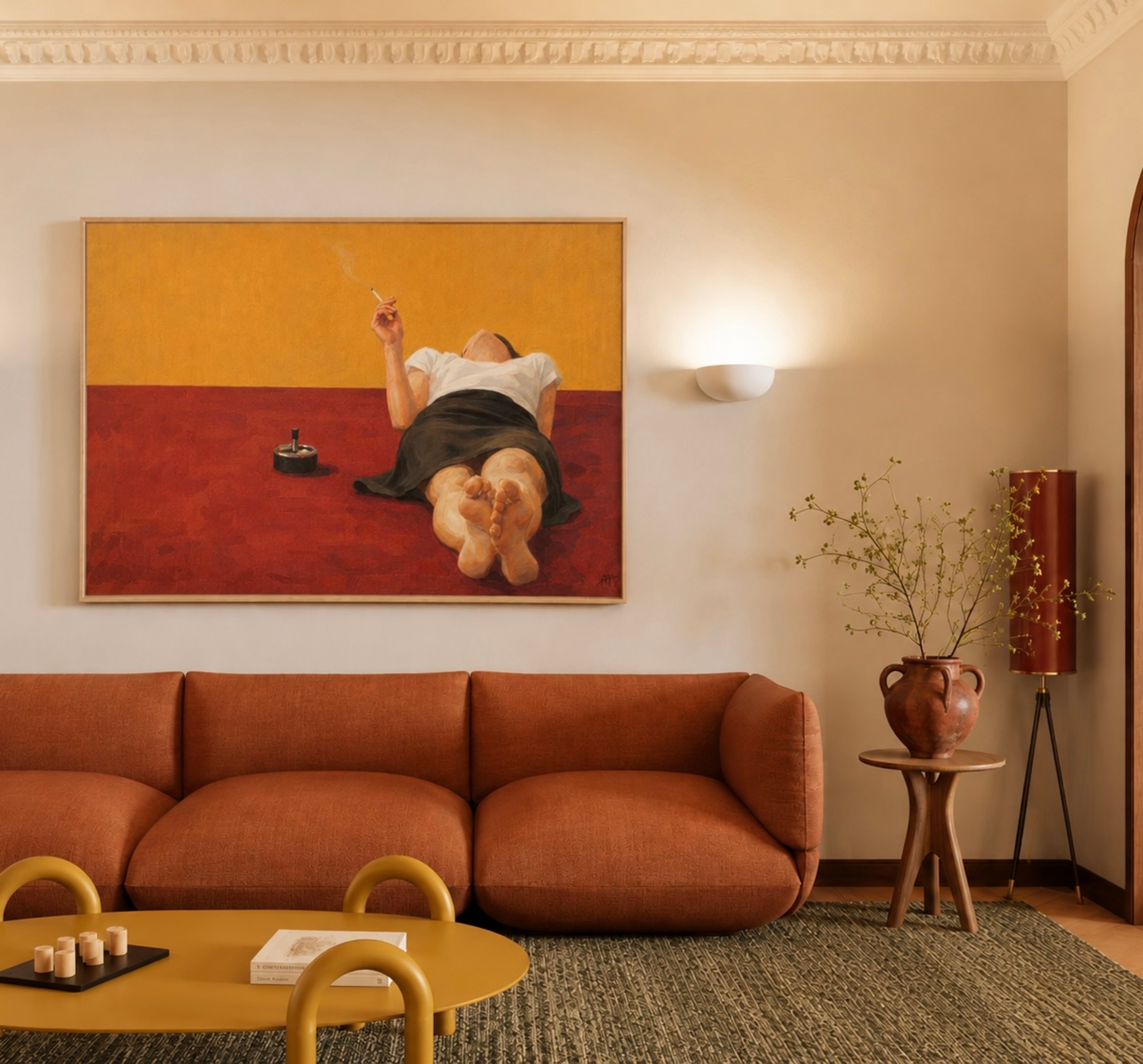 Burning Time hand painted Contemporary and figurative wall art of a reclining woman smoking in warm red and ochre tones with expressive painterly texture. Minimalist Mid century modern oil painting in cinematic composition.