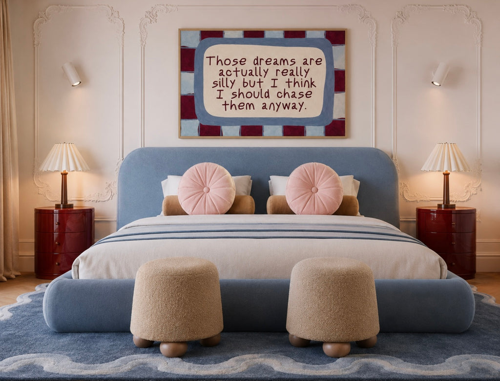 hand drawn Playful motivational bedroom typography print with the phrase "those dreams areactually really silly but i think i should chase them anyway" in pink and ruby burgundy, on textured oil painting canva. This is a hand drawn trendy typography wall art print ideal for above bed, bedrooms, dorm room decor, living rooms and kitchens, gallery walls and playful interiors.