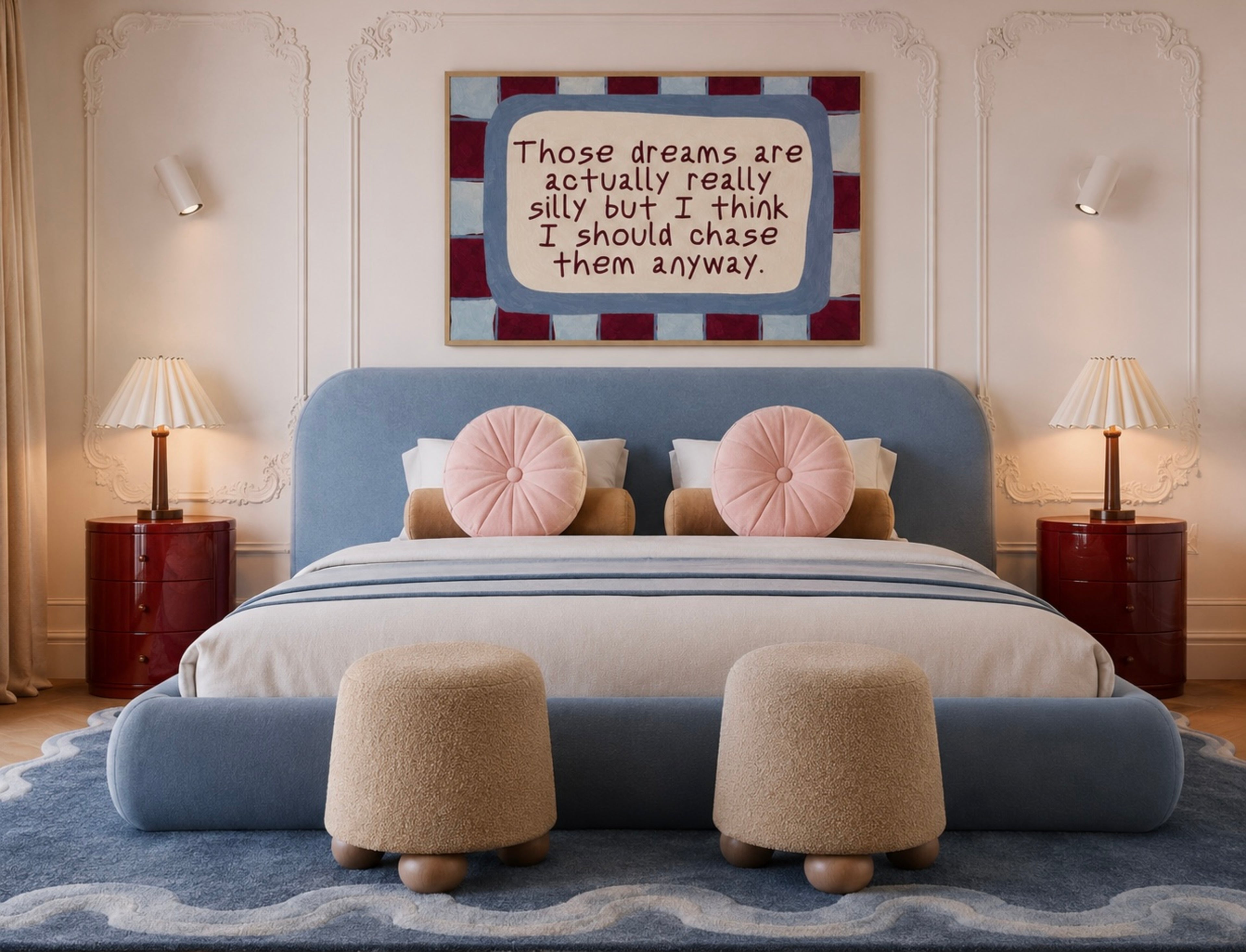 hand drawn Playful motivational bedroom typography print with the phrase "those dreams areactually really silly but i think i should chase them anyway" in pink and ruby burgundy, on textured oil painting canva. This is a hand drawn trendy typography wall art print ideal for above bed, bedrooms, dorm room decor, living rooms and kitchens, gallery walls and playful interiors.