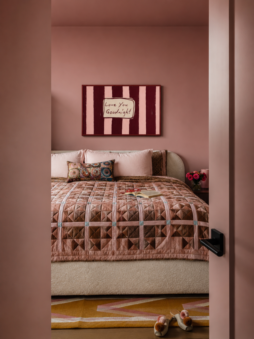hand drawn Playful typography print with the phrase "Love You Goodnight" on a retro burgundy striped background, on textured oil painting canva. This is a hand drawn trendy typography wall art print ideal for bedrooms, dorm room decor, gallery walls and playful interiors.