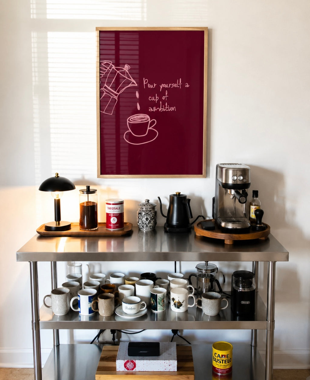 POUR YOURSELF A CUP OF AMBITION  is a humorous minimal typography wall art print, with two hand-drawn coffee cup illustration and playful whimsical handwritten lettering, adding charm, humour and effortless character to kitchens, breakfast nooks, dining spaces, coffee stations and tea corners, a conversation piece Inspired by café culture, slow mornings, blending contemporary minimalism with playful illustration