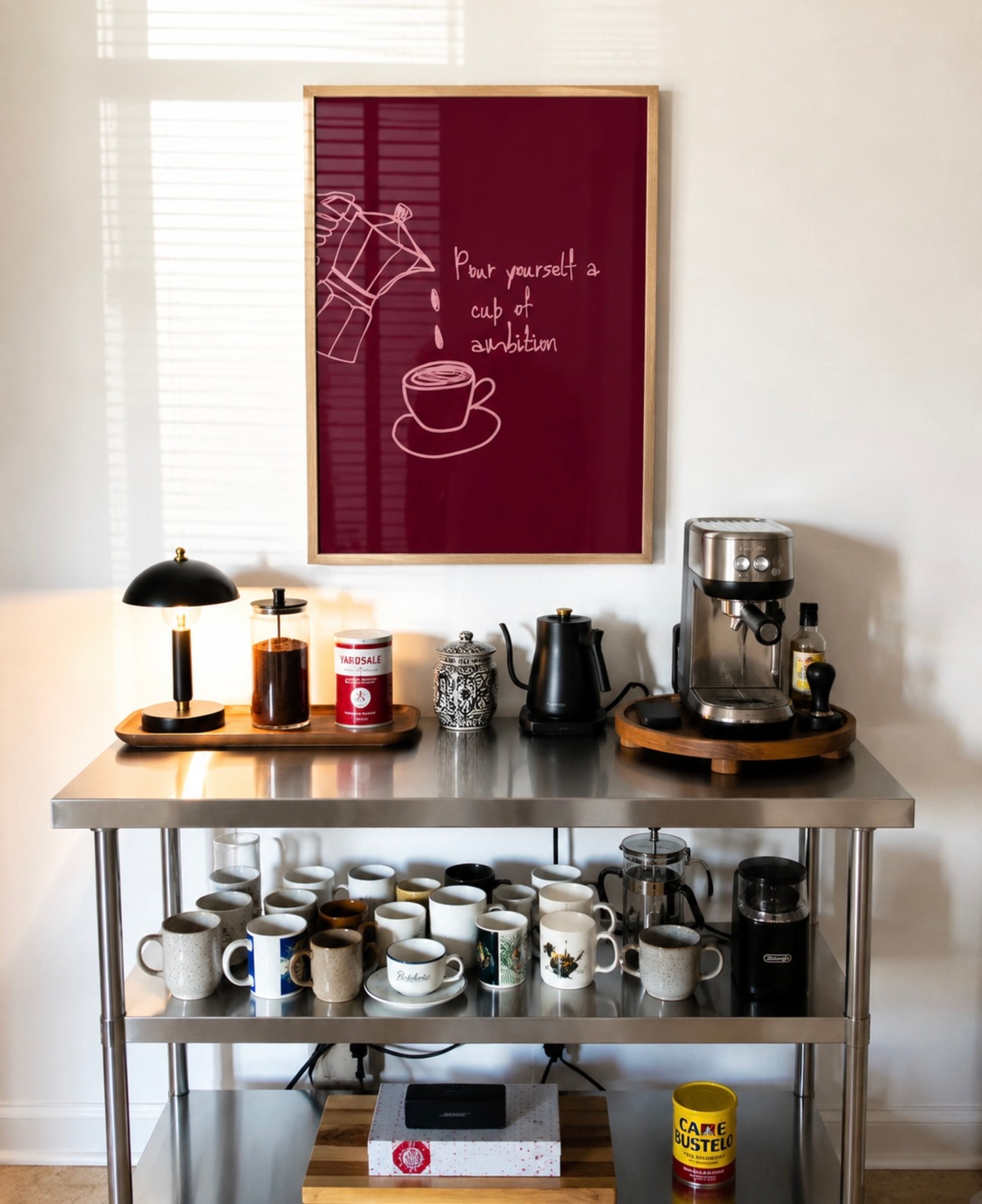POUR YOURSELF A CUP OF AMBITION  is a humorous minimal typography wall art print, with two hand-drawn coffee cup illustration and playful whimsical handwritten lettering, adding charm, humour and effortless character to kitchens, breakfast nooks, dining spaces, coffee stations and tea corners, a conversation piece Inspired by café culture, slow mornings, blending contemporary minimalism with playful illustration