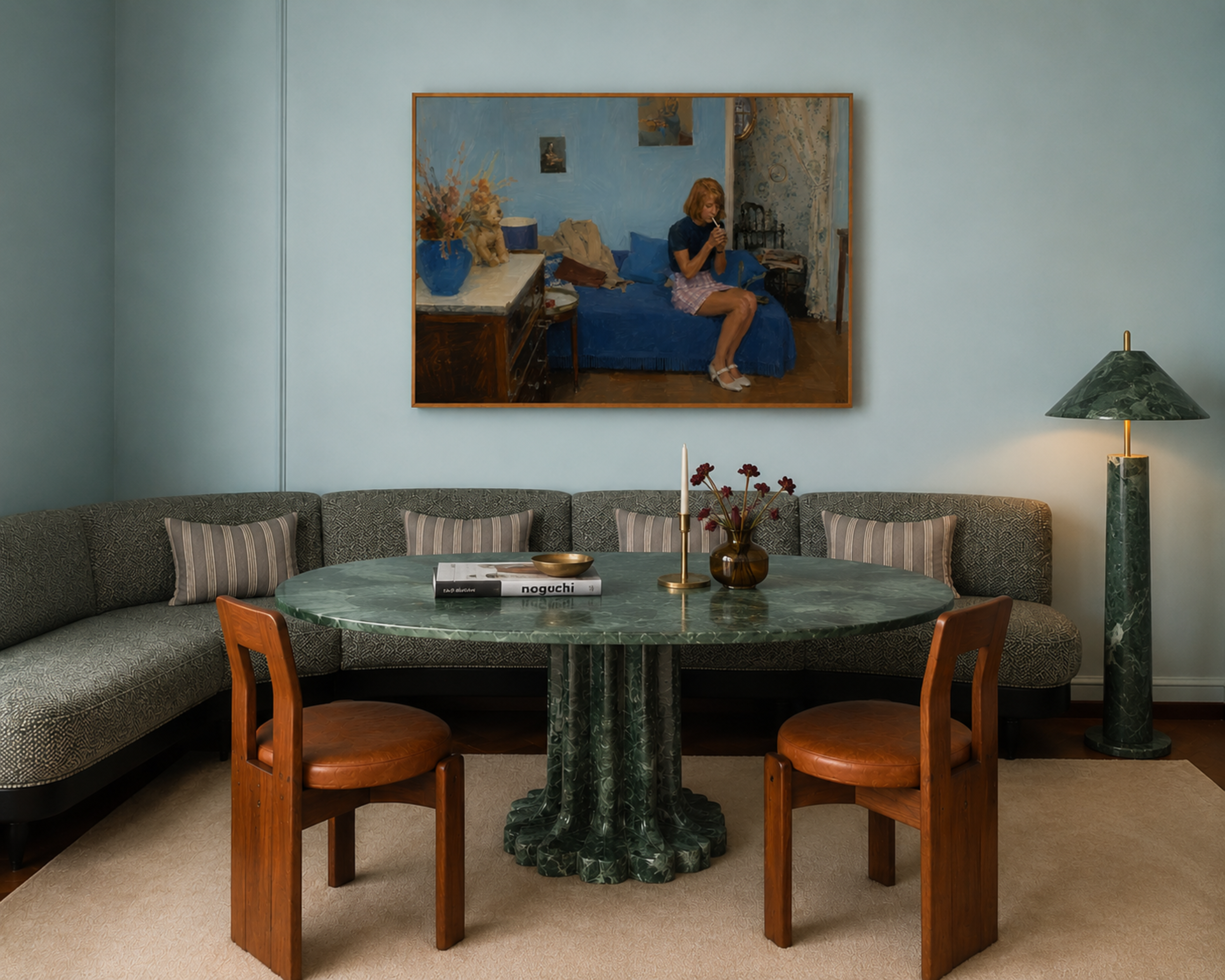 waiting for something good to happen is a hand painted retro nostalgic contemporary figurative wall art print of a woman smoking on a blue sofa, inspired by contemporary figurative painting, cinematic images, the melancholy beauty of old films, bringing storytelling, atmosphere and fashion. large textured canva oil painting wall art print
